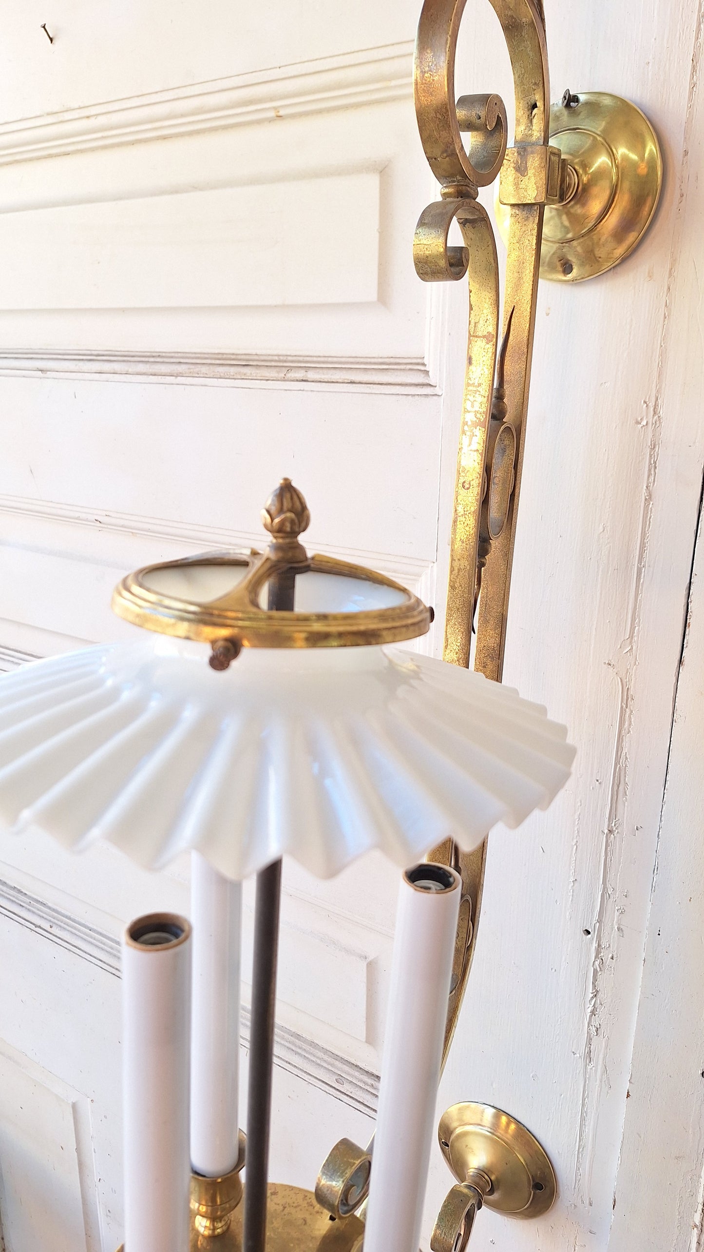 Large Bronze Sconce with Candle Sockets and Milk Glass Shade, Antique Large Wall Sconce, Architecture Salvage 031101