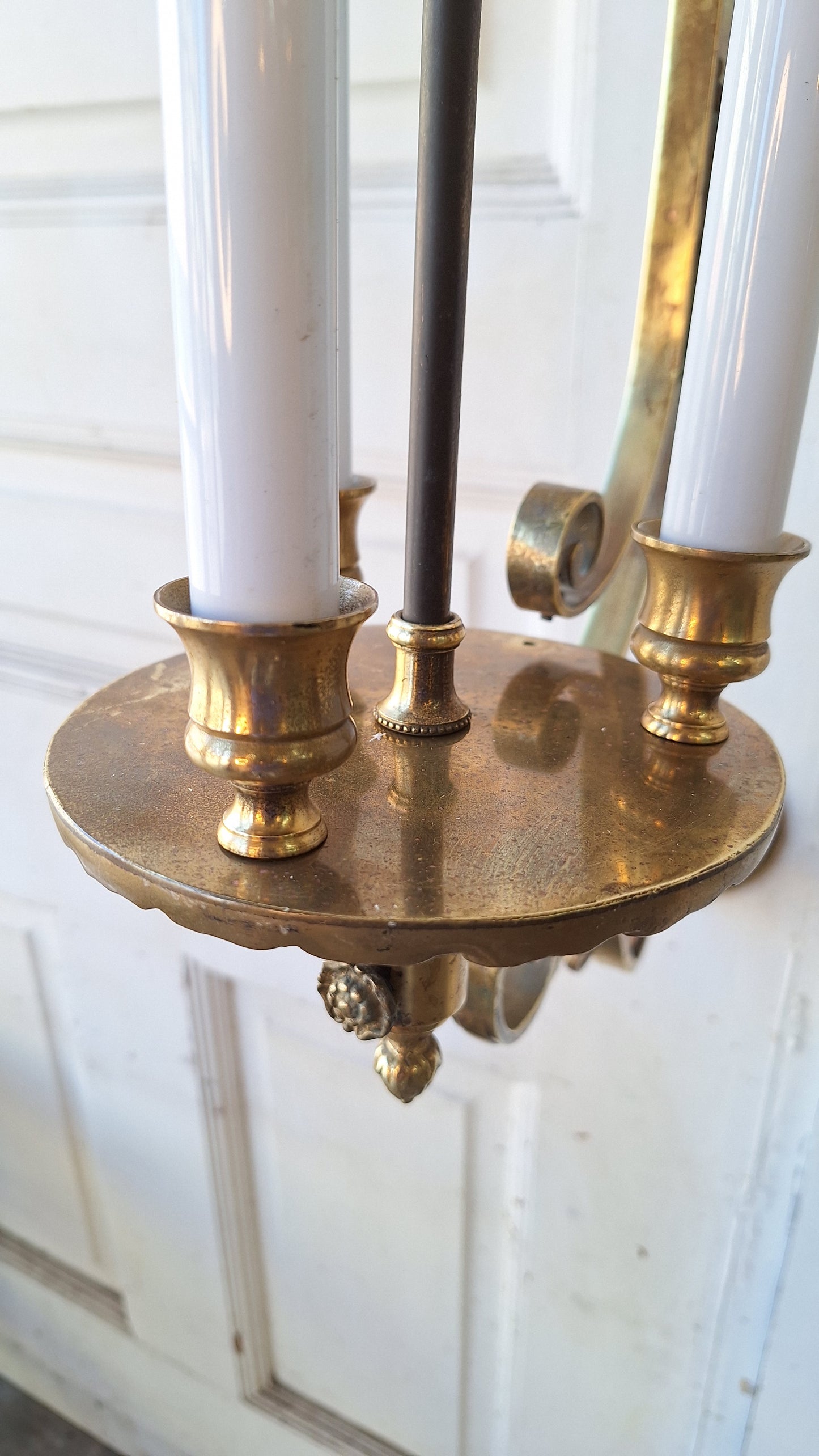 Large Bronze Sconce with Candle Sockets and Milk Glass Shade, Antique Large Wall Sconce, Architecture Salvage 031101
