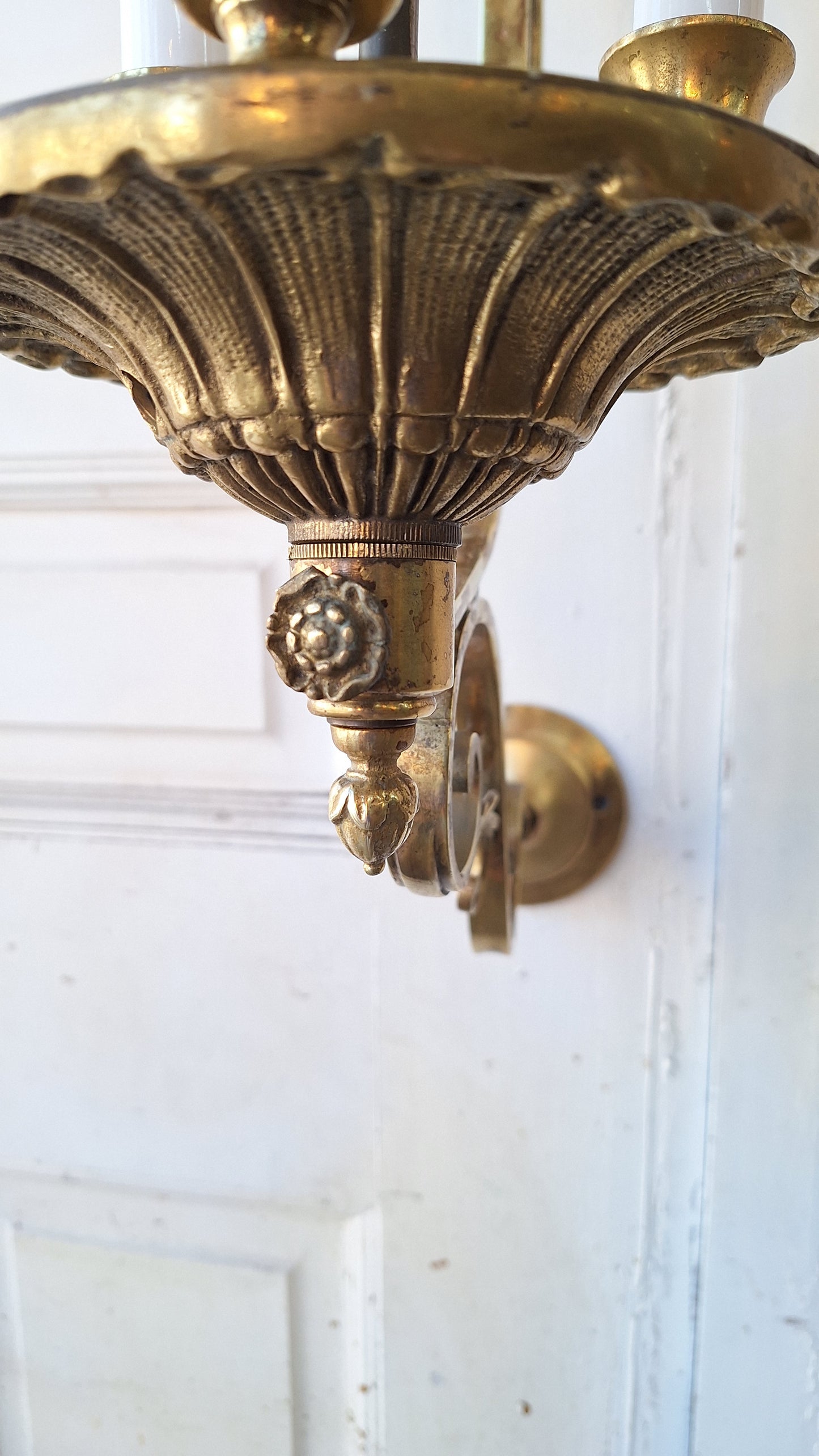 Large Bronze Sconce with Candle Sockets and Milk Glass Shade, Antique Large Wall Sconce, Architecture Salvage 031101