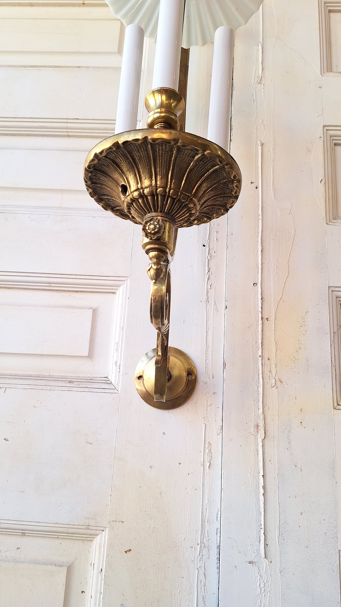 Large Bronze Sconce with Candle Sockets and Milk Glass Shade, Antique Large Wall Sconce, Architecture Salvage 031101