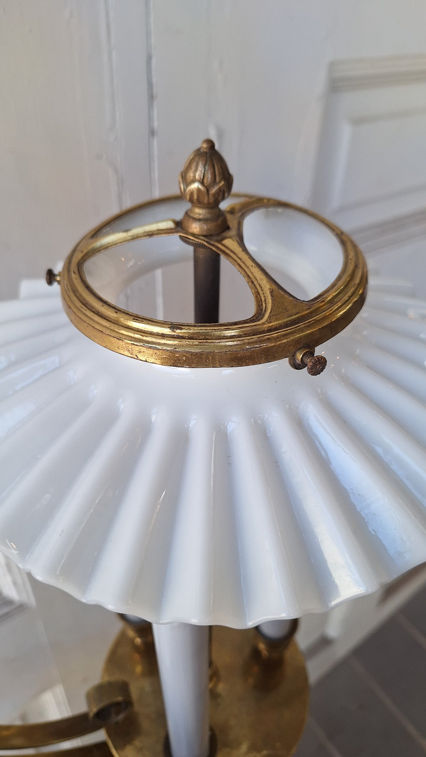 Large Bronze Sconce with Candle Sockets and Milk Glass Shade, Antique Large Wall Sconce, Architecture Salvage 031101