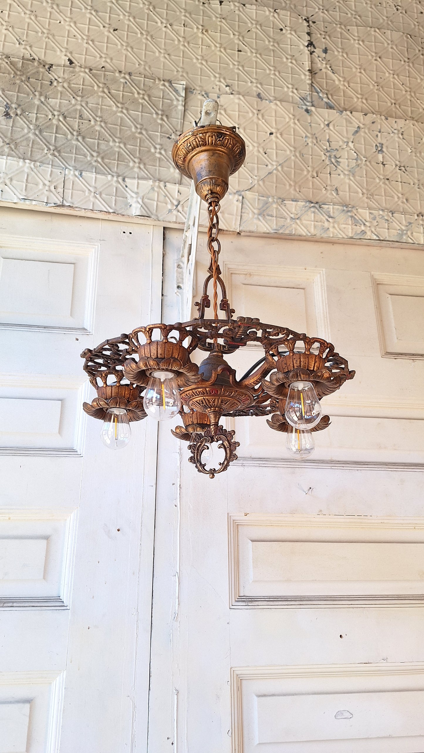 Art Deco Chandelier, Five Bulb Light, Antique Riddle Light, Antique Chandelier 031702