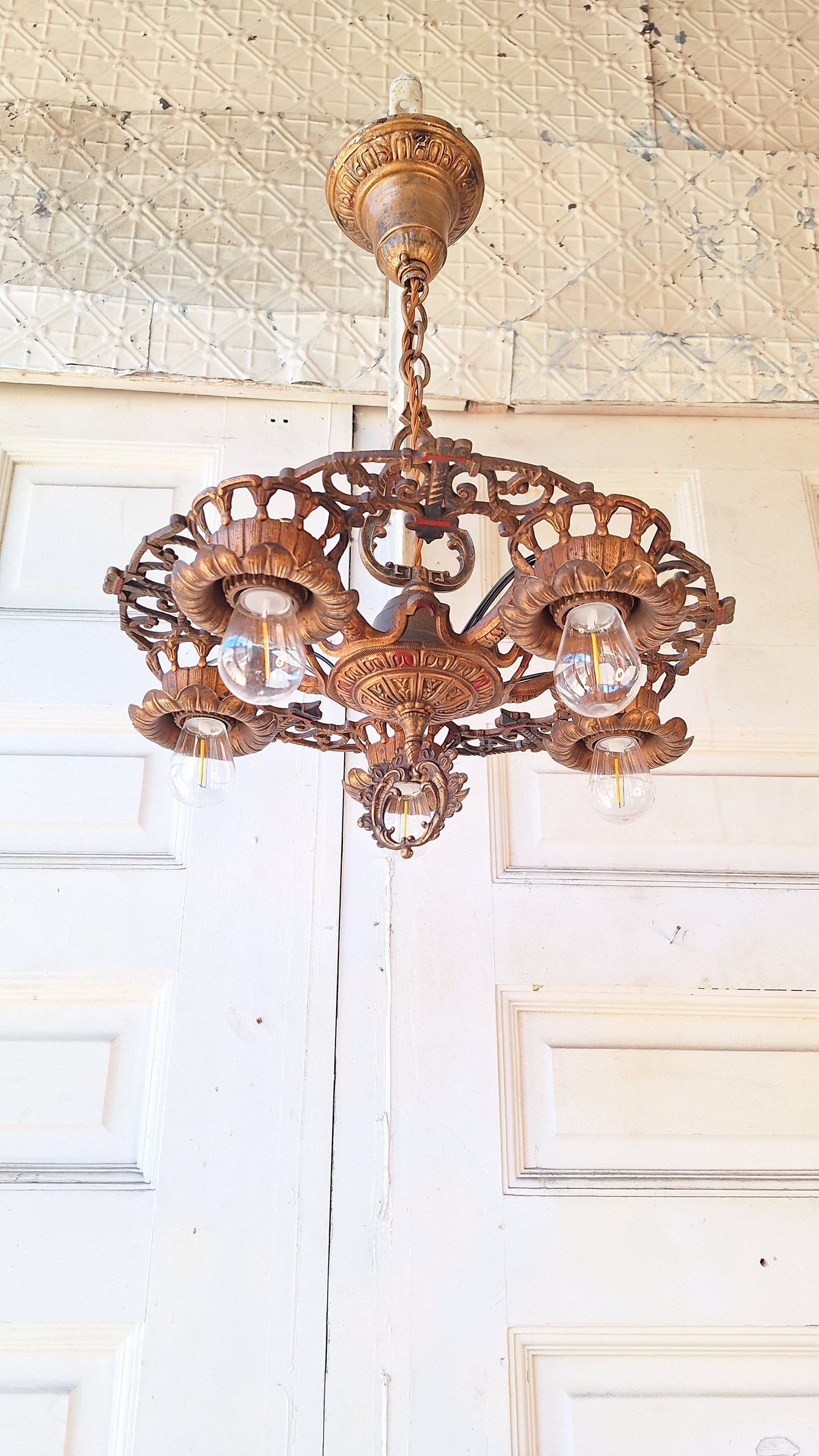 Art Deco Chandelier, Five Bulb Light, Antique Riddle Light, Antique Chandelier 031702