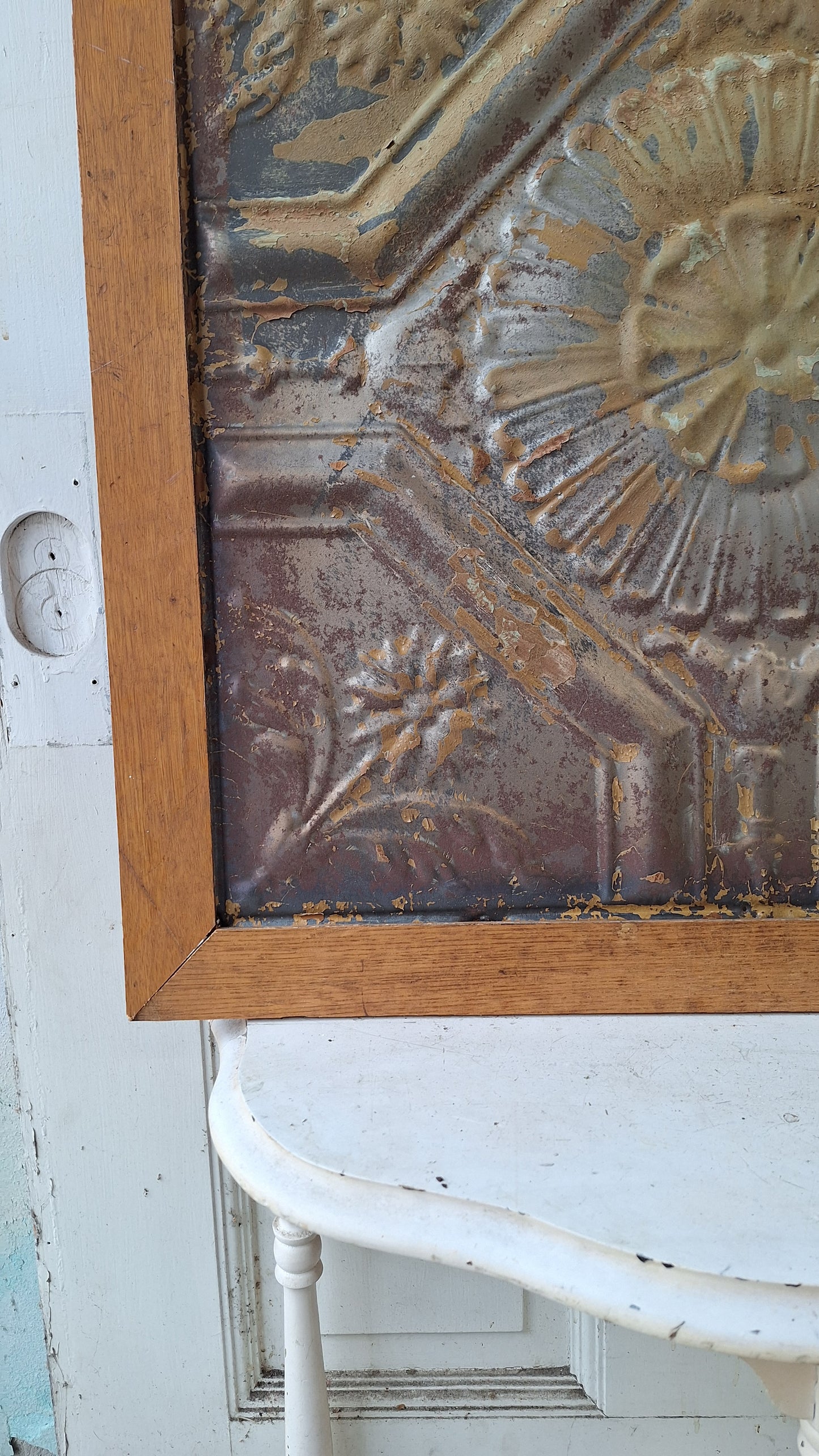 Framed Antique Tin Ceiling Tile with Flower Design, Wall Hanging Antique Stamped Tin in Frame 032507