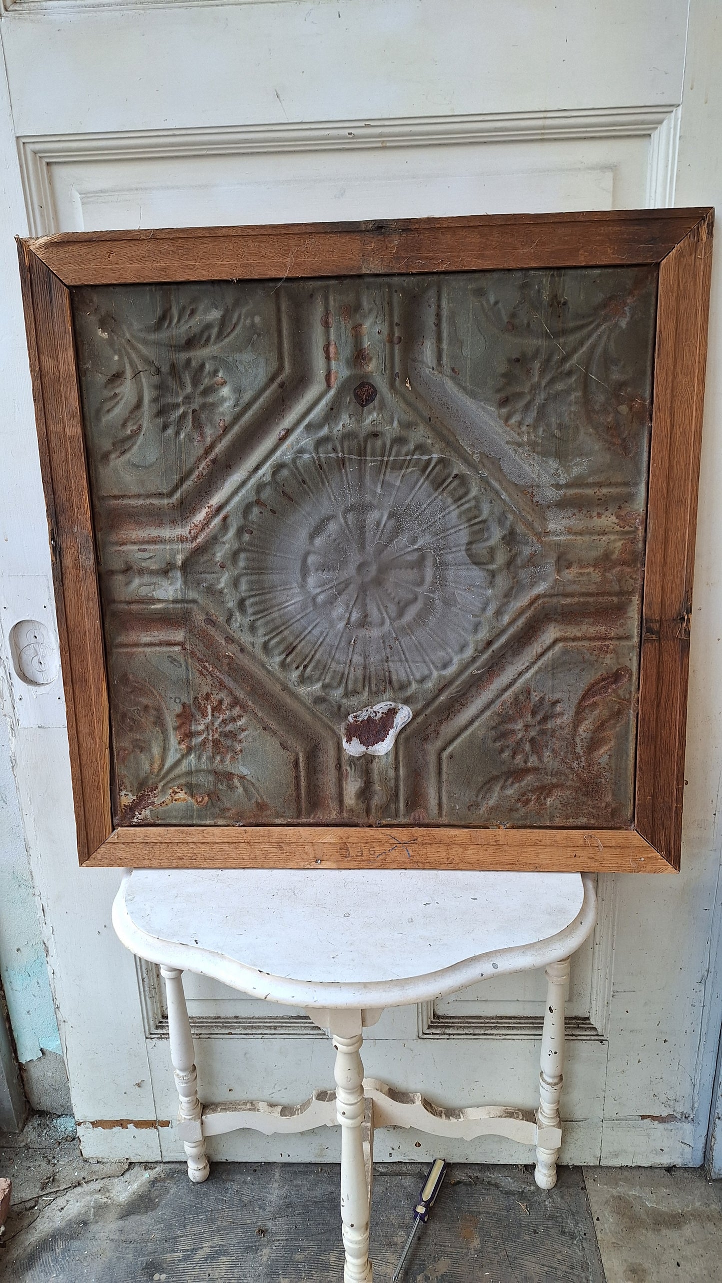 Framed Antique Tin Ceiling Tile with Flower Design, Wall Hanging Antique Stamped Tin in Frame 032507