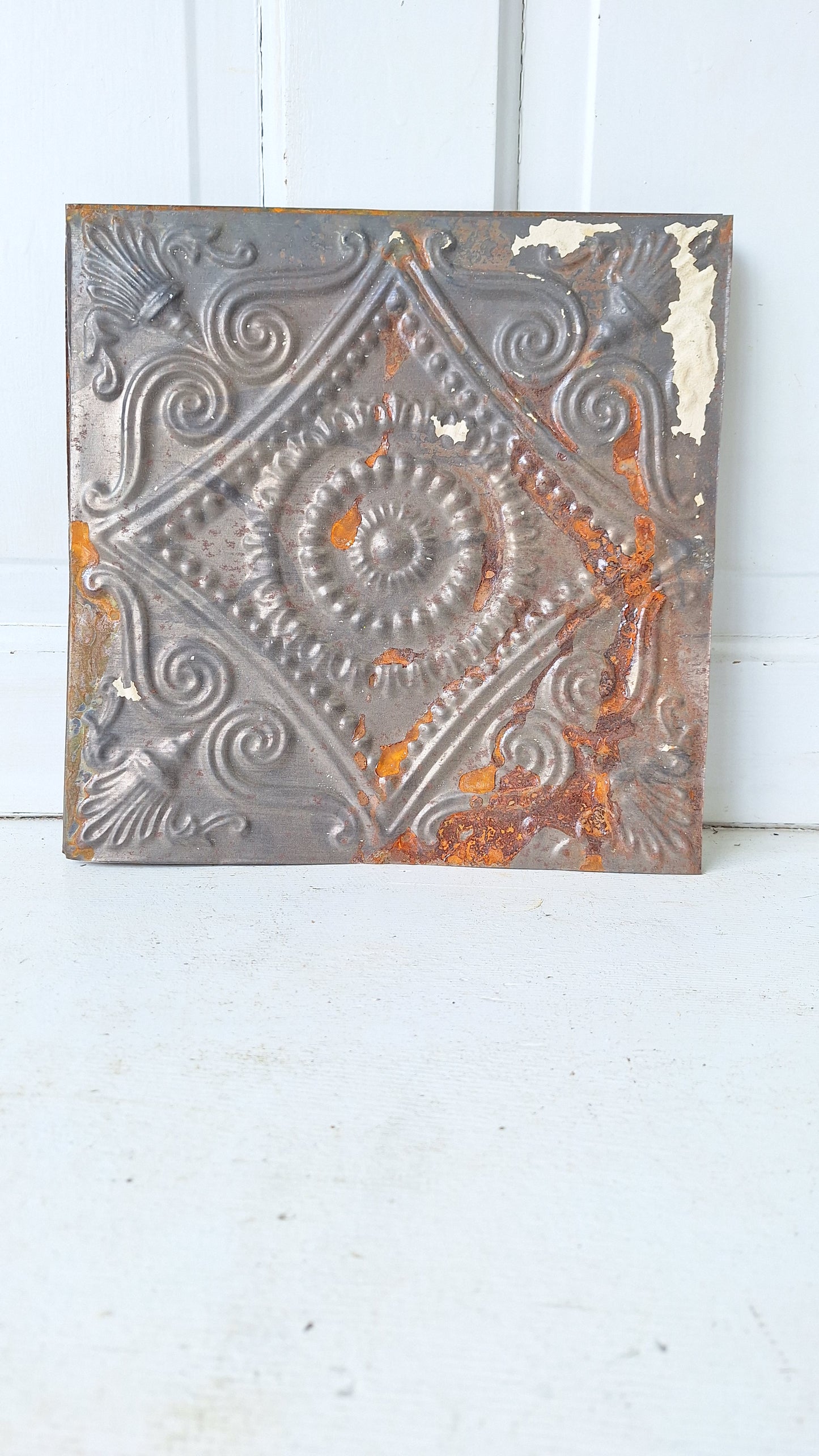 12" Tin Ceiling Tile, Small Vintage Metal Ceiling Tile, Stamped Metal Antique Tin 032509