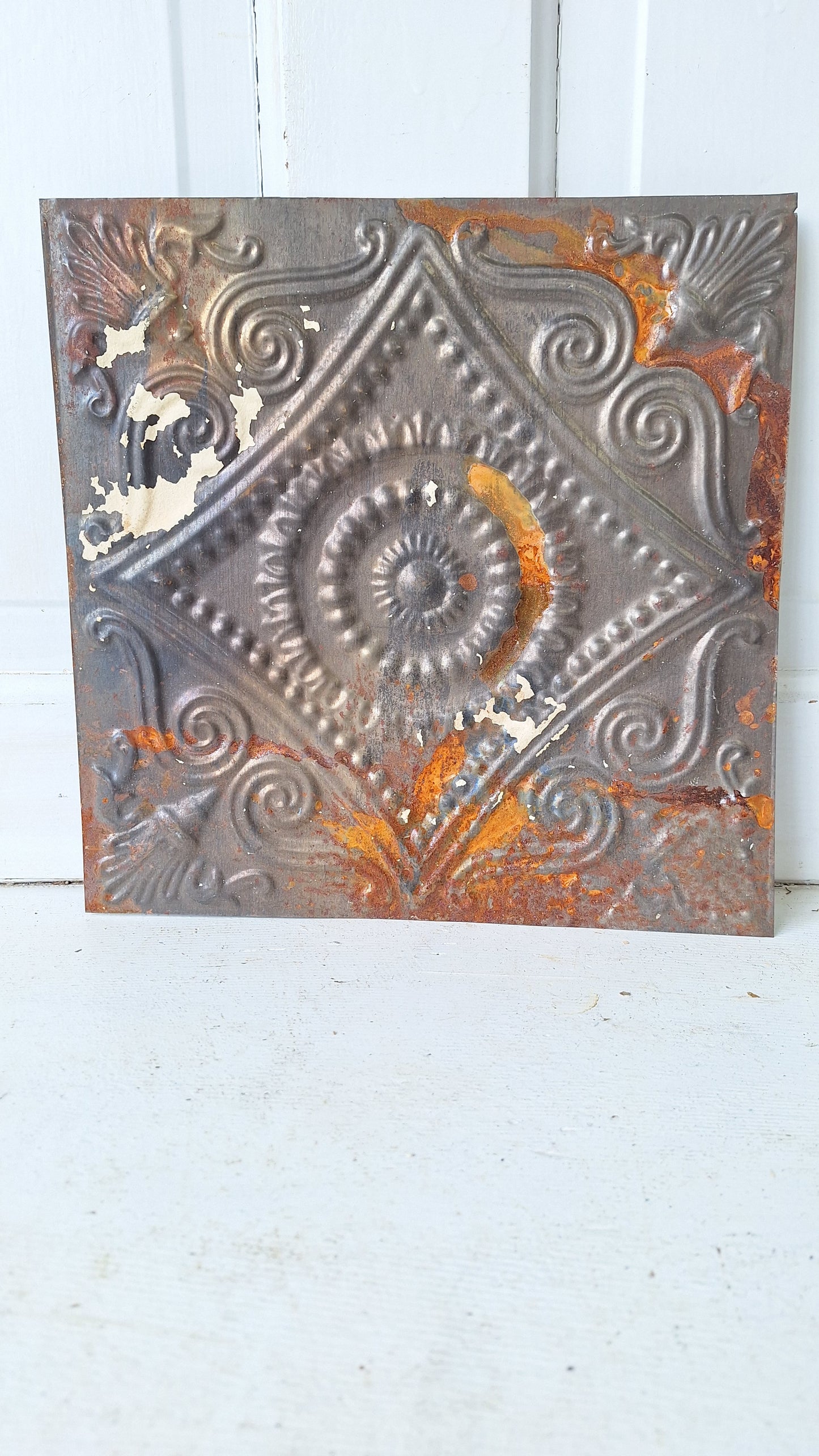 12" Tin Ceiling Tile, Small Vintage Metal Ceiling Tile, Stamped Metal Antique Tin 032509