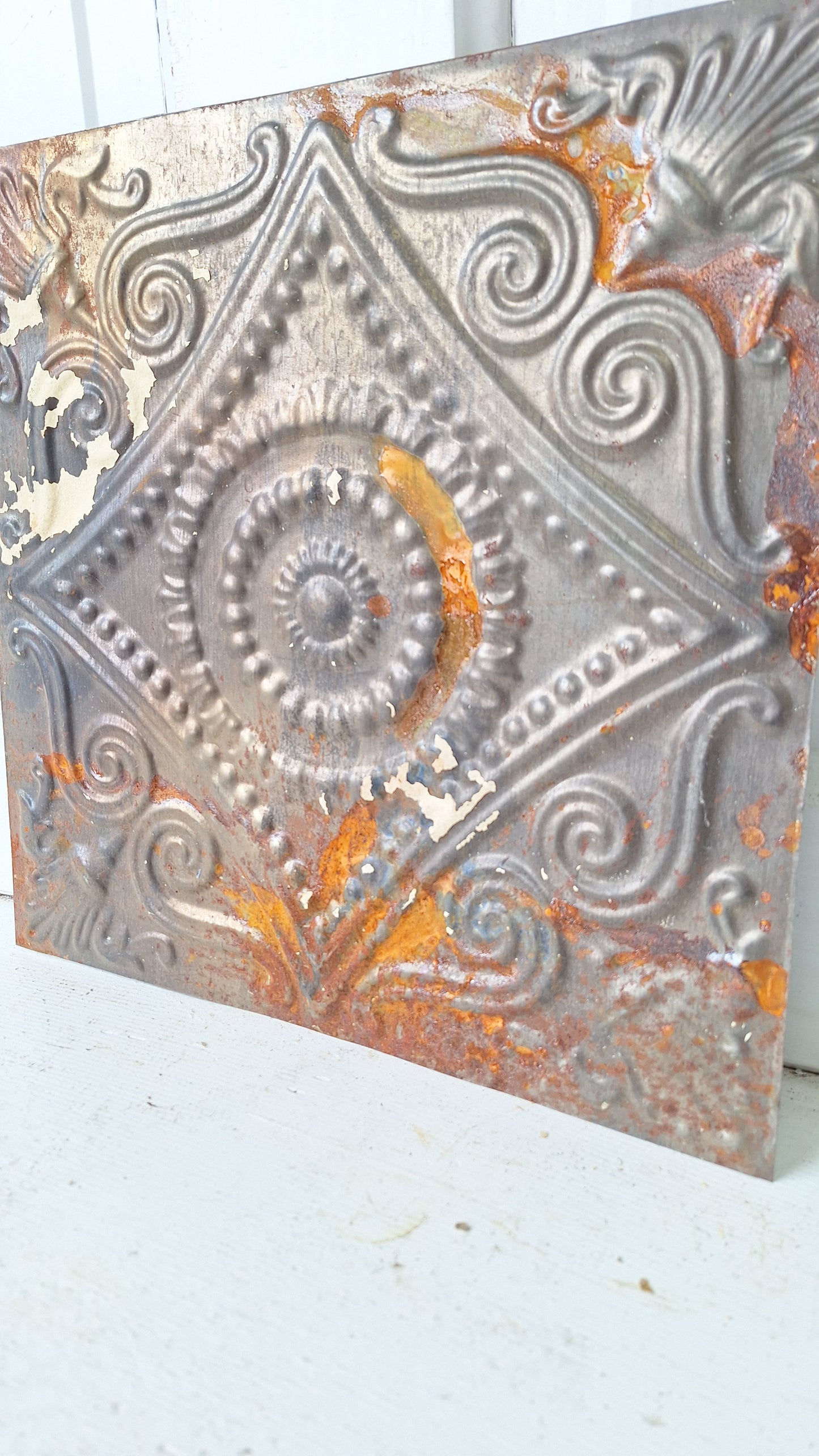 12" Tin Ceiling Tile, Small Vintage Metal Ceiling Tile, Stamped Metal Antique Tin 032509