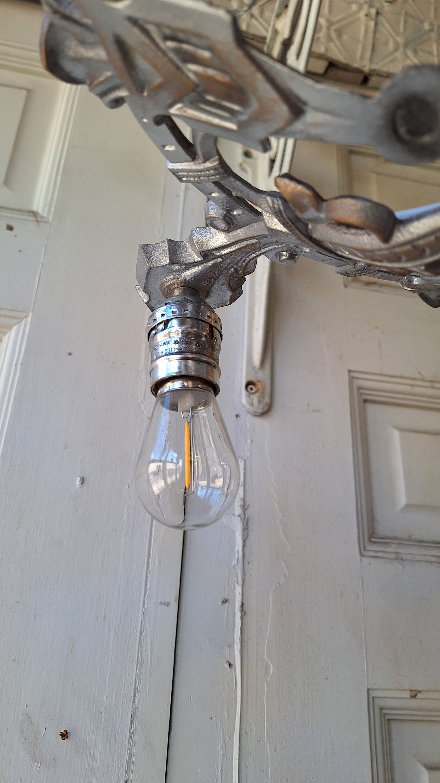 Vintage Silver Metal Antique Chandelier, Art Deco Metal Design, Silver Tone Chandelier, Architecture Salvage 032511