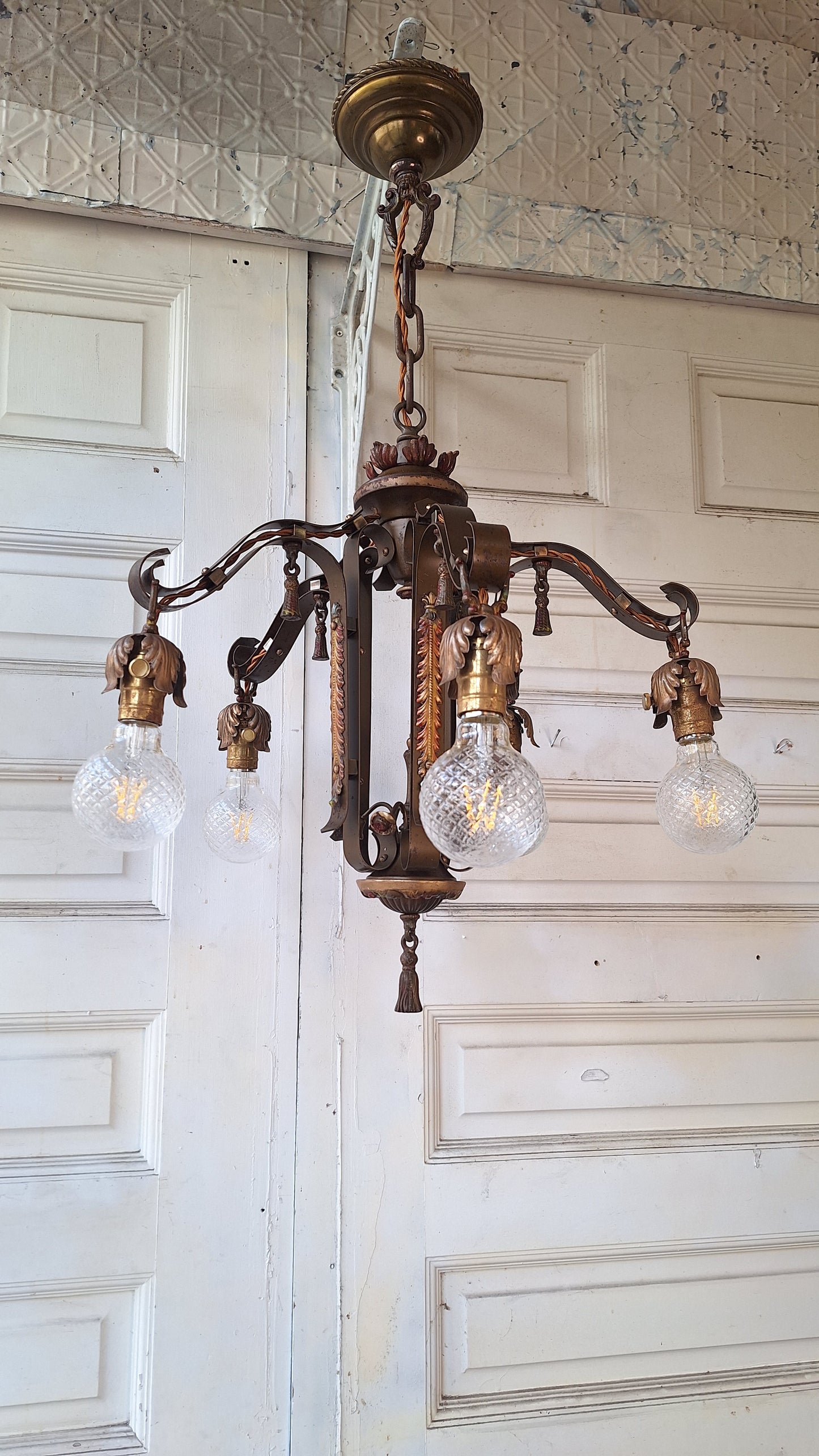 1930s Antique Polychrome Bare Bulb Chandelier with Painted Flower Detailing, Antique Gold Chandelier Red Accents, 032601
