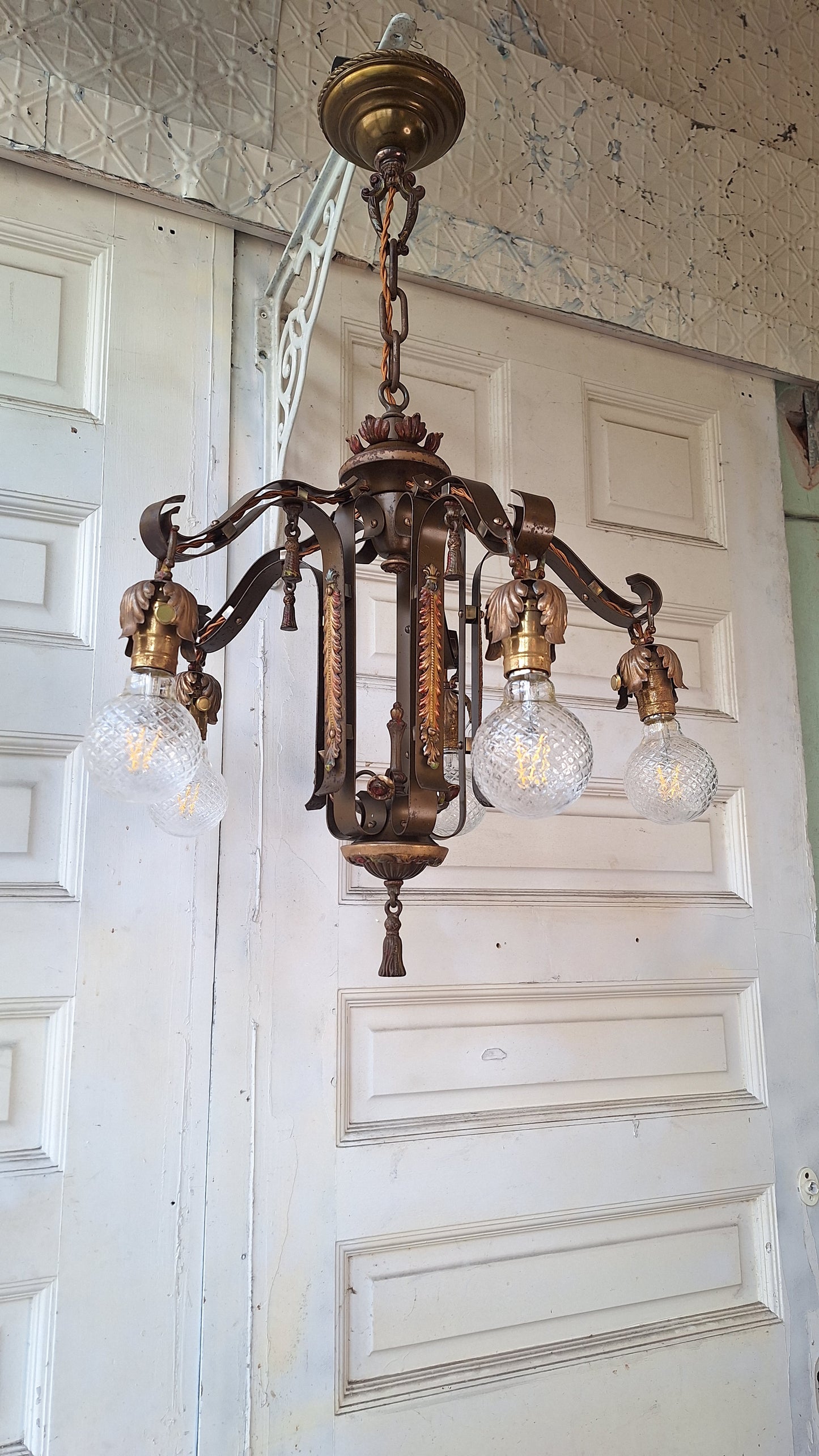 1930s Antique Polychrome Bare Bulb Chandelier with Painted Flower Detailing, Antique Gold Chandelier Red Accents, 032601