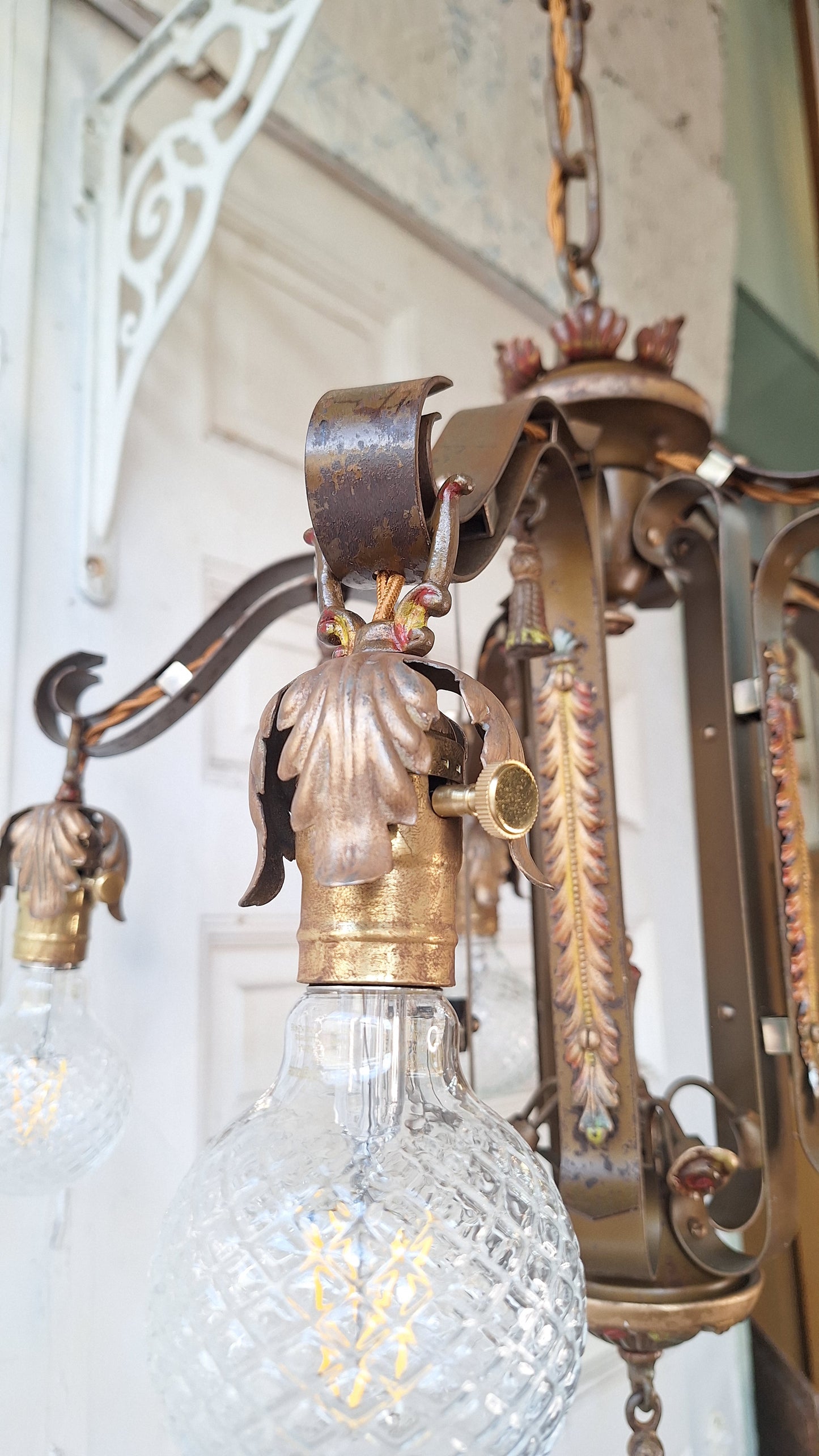 1930s Antique Polychrome Bare Bulb Chandelier with Painted Flower Detailing, Antique Gold Chandelier Red Accents, 032601