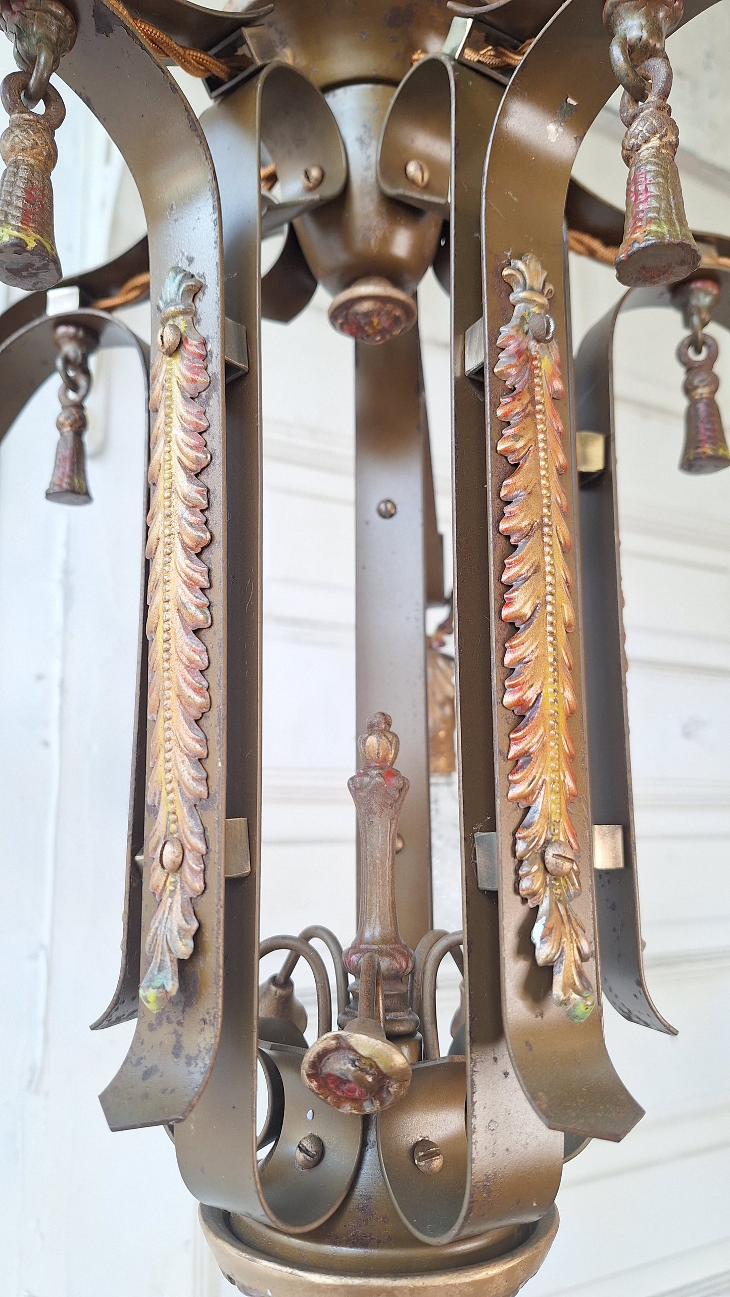 1930s Antique Polychrome Bare Bulb Chandelier with Painted Flower Detailing, Antique Gold Chandelier Red Accents, 032601