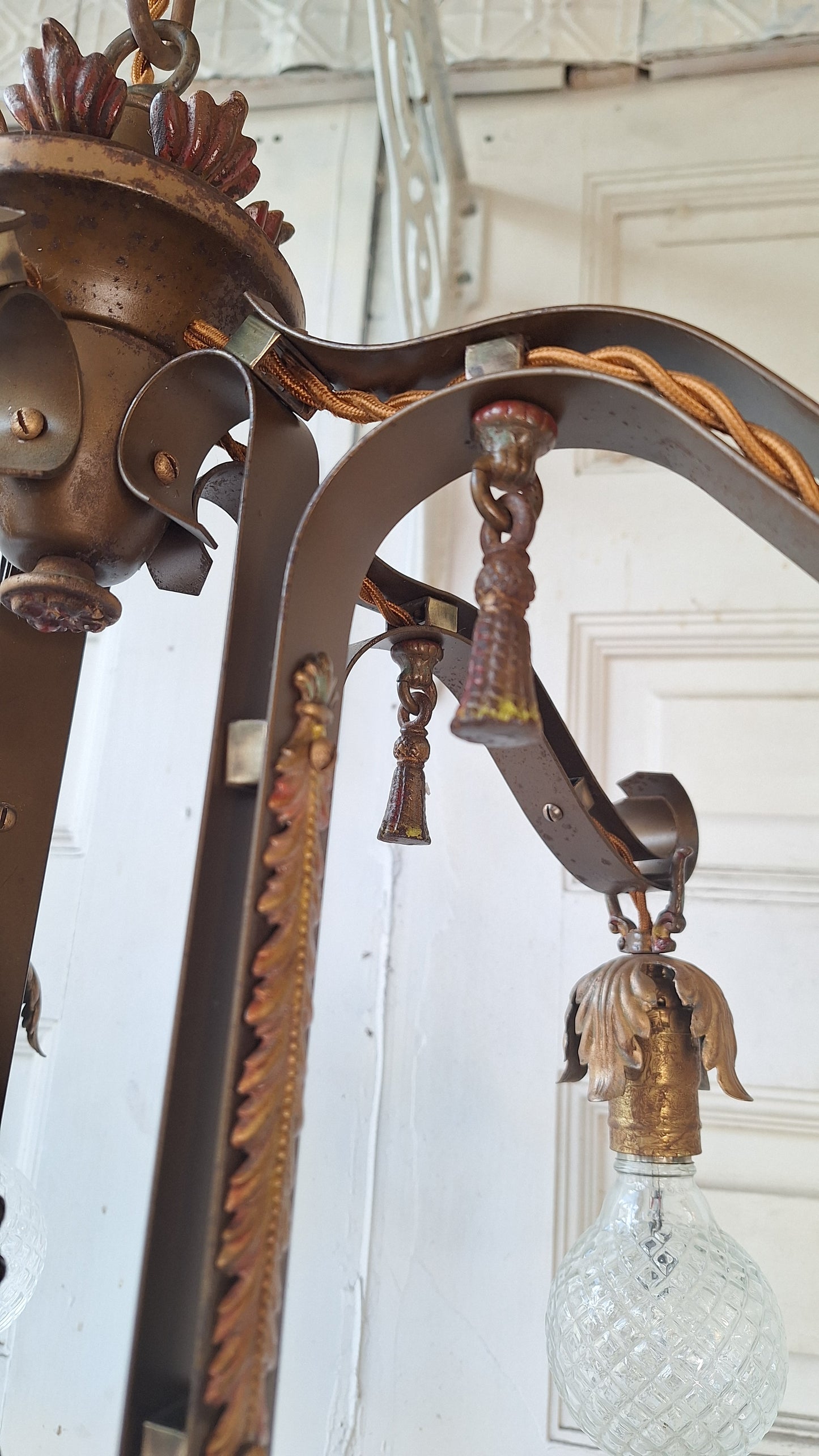 1930s Antique Polychrome Bare Bulb Chandelier with Painted Flower Detailing, Antique Gold Chandelier Red Accents, 032601
