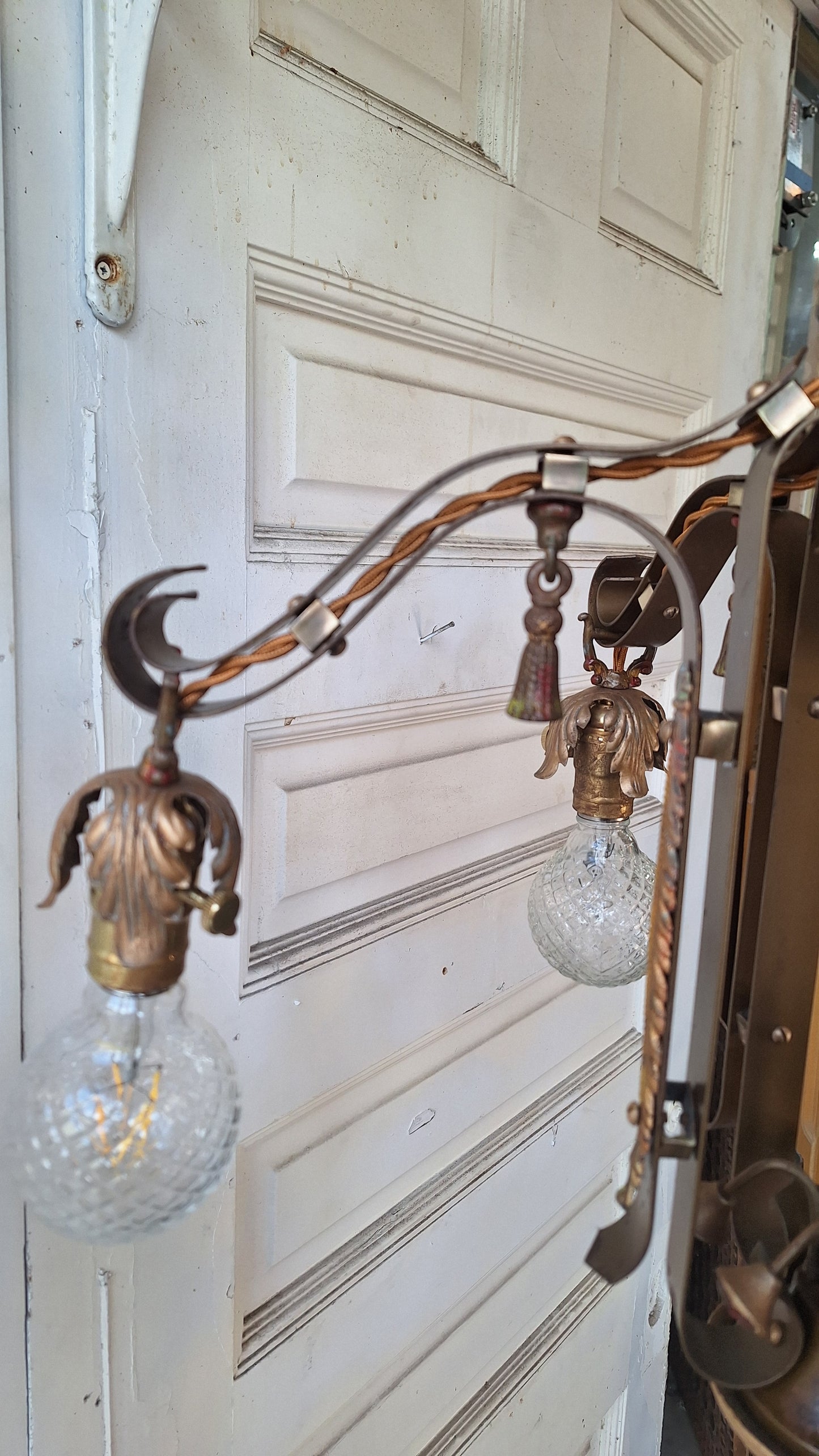 1930s Antique Polychrome Bare Bulb Chandelier with Painted Flower Detailing, Antique Gold Chandelier Red Accents, 032601