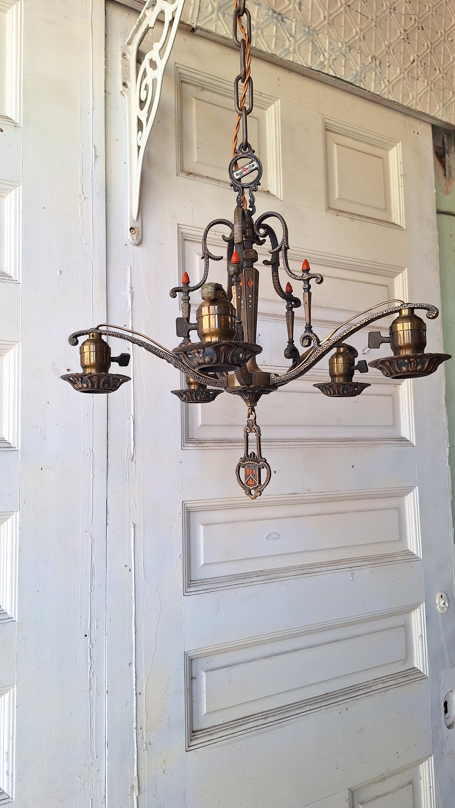 Moe Bridges Vintage 1930s Bronze and Polychrome Chandelier, Antique Solid Bronze Chandelier with Painted Accents, Salvaged Ornate Chandelier