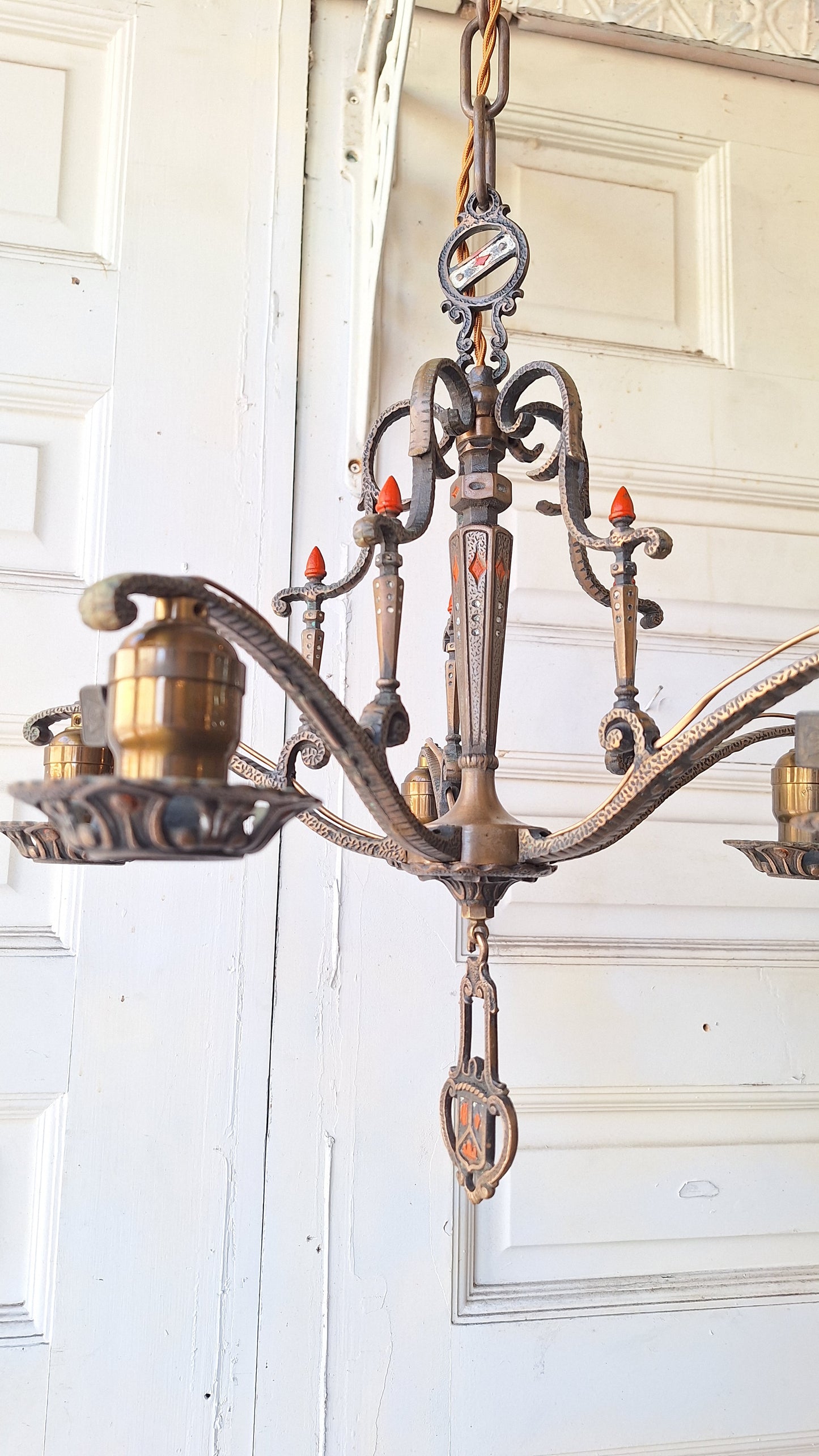 Moe Bridges Vintage 1930s Bronze and Polychrome Chandelier, Antique Solid Bronze Chandelier with Painted Accents, Salvaged Ornate Chandelier