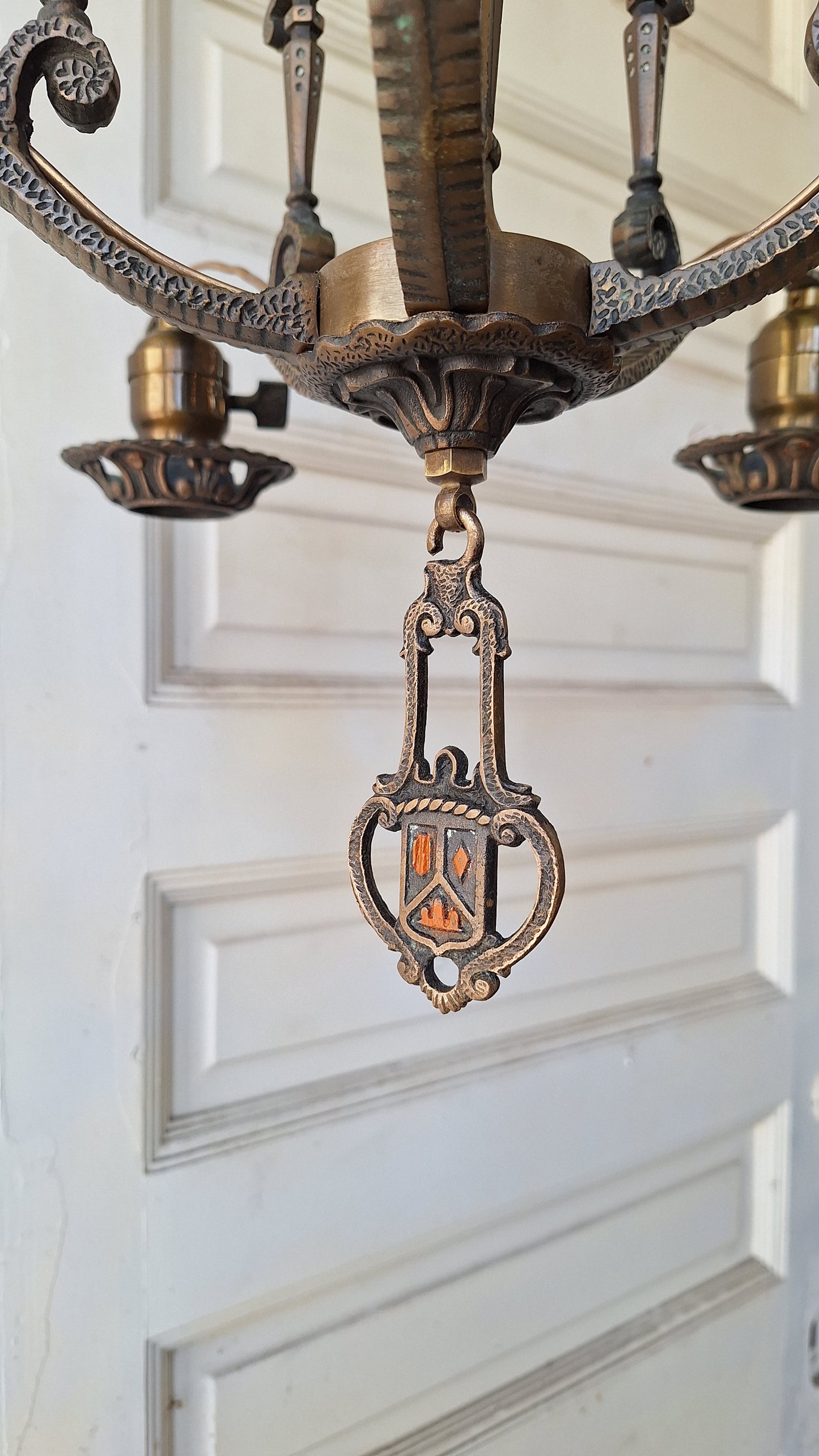 Moe Bridges Vintage 1930s Bronze and Polychrome Chandelier, Antique Solid Bronze Chandelier with Painted Accents, Salvaged Ornate Chandelier