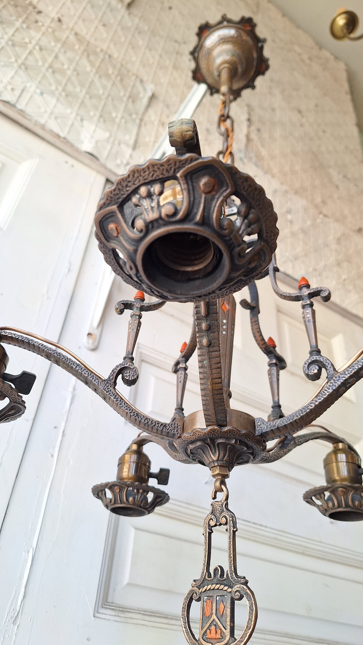 Moe Bridges Vintage 1930s Bronze and Polychrome Chandelier, Antique Solid Bronze Chandelier with Painted Accents, Salvaged Ornate Chandelier