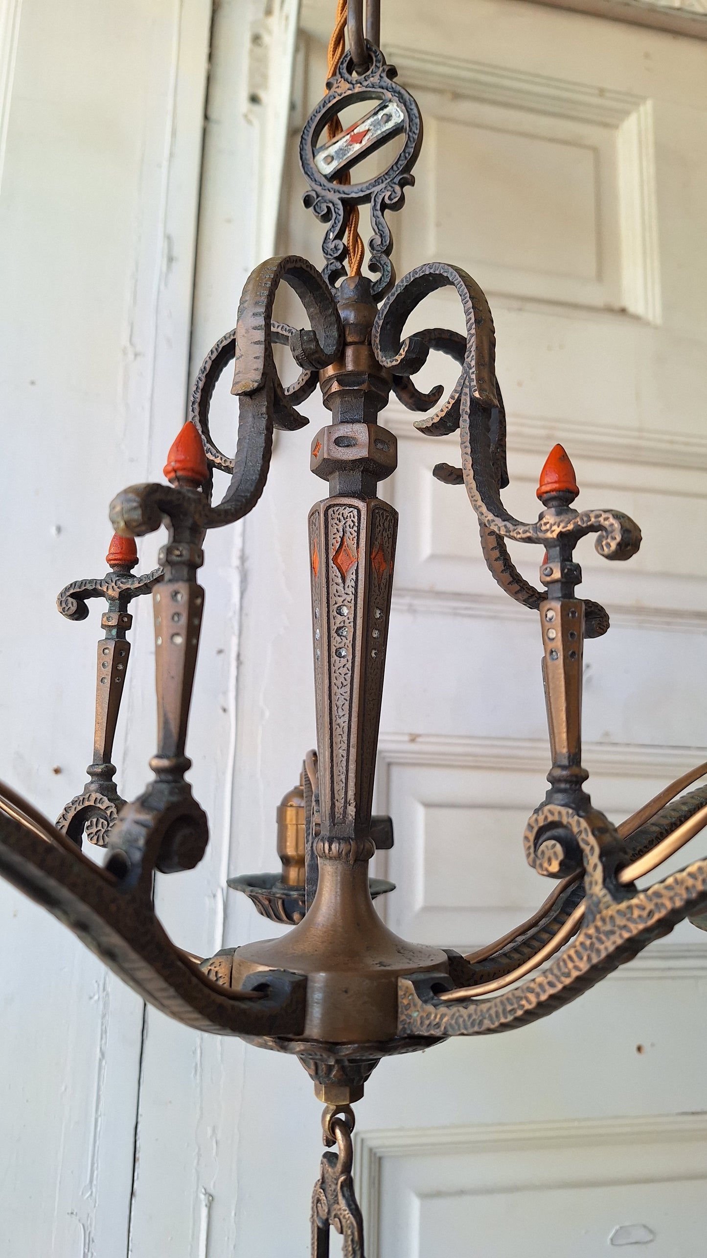 Moe Bridges Vintage 1930s Bronze and Polychrome Chandelier, Antique Solid Bronze Chandelier with Painted Accents, Salvaged Ornate Chandelier