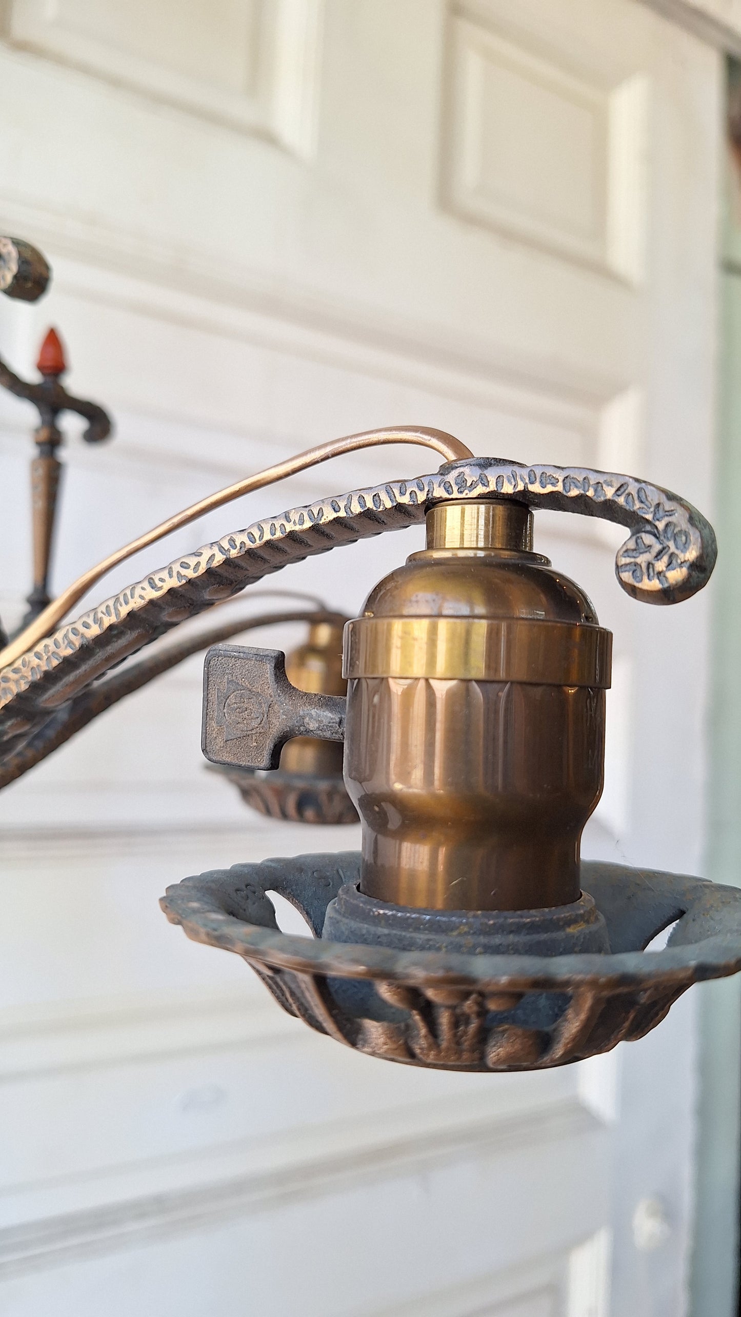 Moe Bridges Vintage 1930s Bronze and Polychrome Chandelier, Antique Solid Bronze Chandelier with Painted Accents, Salvaged Ornate Chandelier