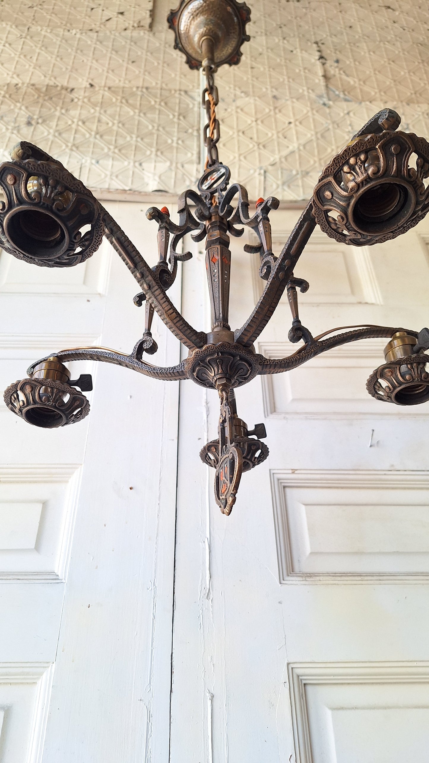 Moe Bridges Vintage 1930s Bronze and Polychrome Chandelier, Antique Solid Bronze Chandelier with Painted Accents, Salvaged Ornate Chandelier