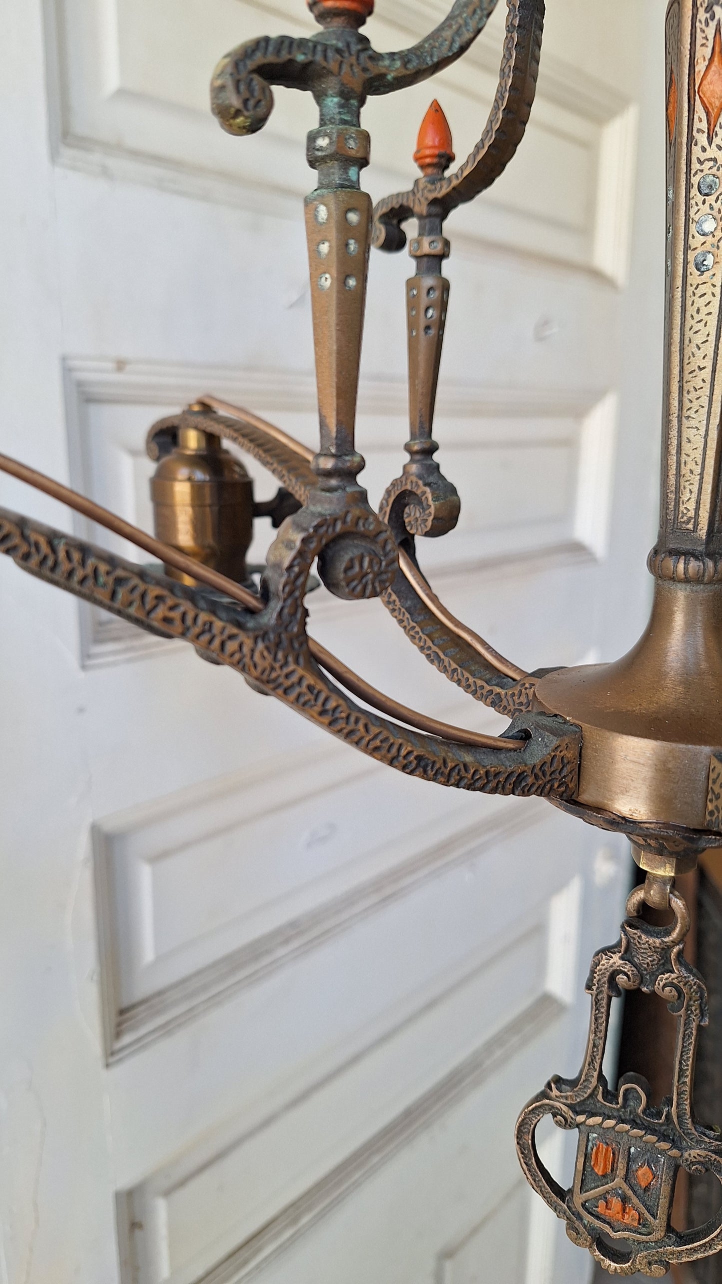 Moe Bridges Vintage 1930s Bronze and Polychrome Chandelier, Antique Solid Bronze Chandelier with Painted Accents, Salvaged Ornate Chandelier