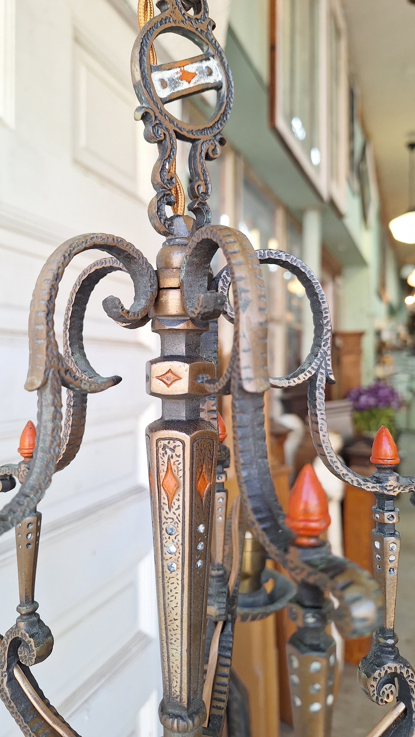 Moe Bridges Vintage 1930s Bronze and Polychrome Chandelier, Antique Solid Bronze Chandelier with Painted Accents, Salvaged Ornate Chandelier