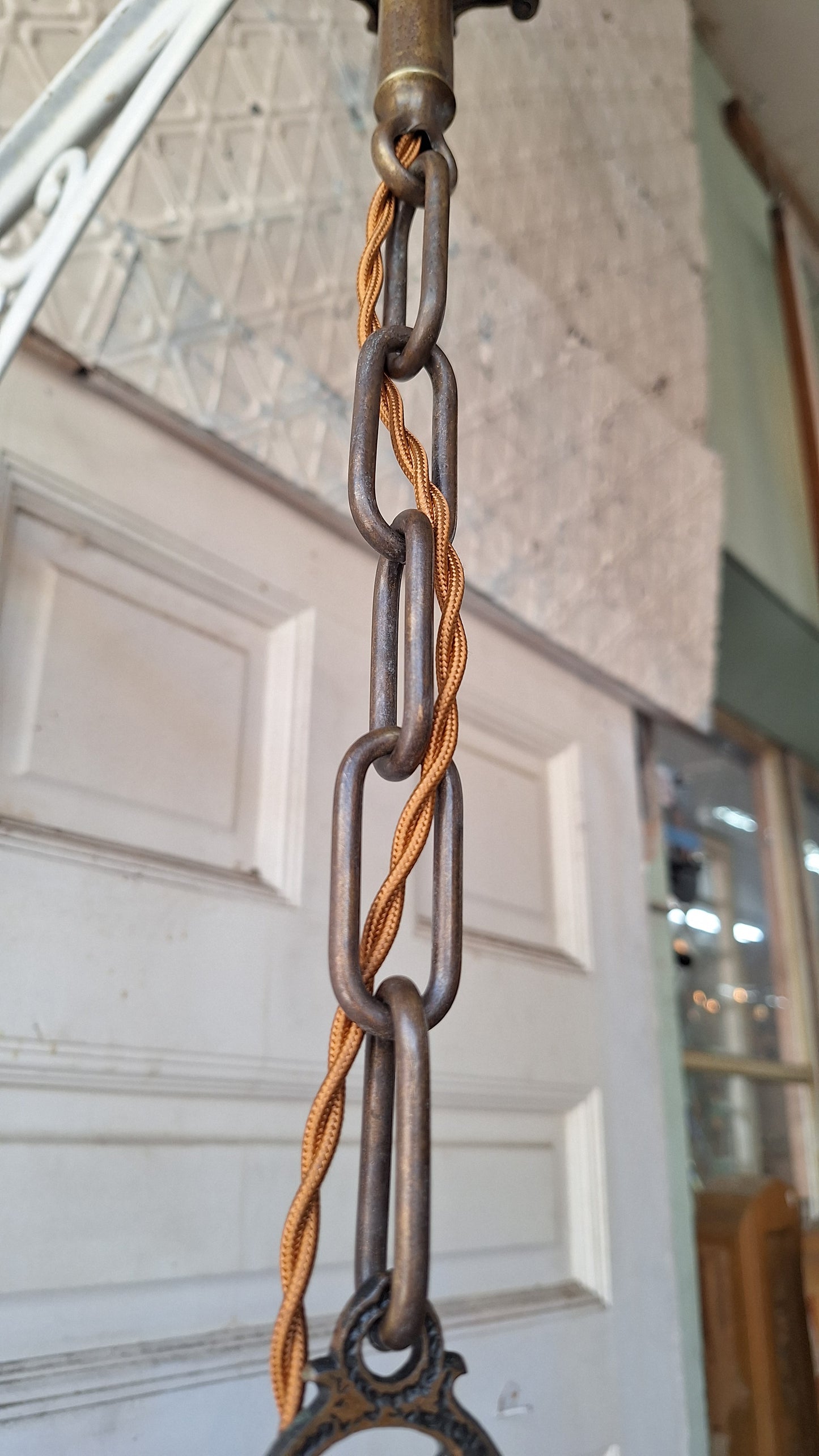 Moe Bridges Vintage 1930s Bronze and Polychrome Chandelier, Antique Solid Bronze Chandelier with Painted Accents, Salvaged Ornate Chandelier