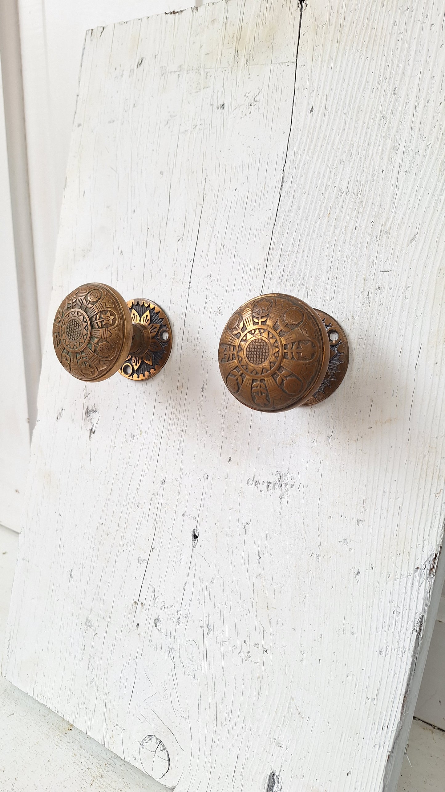 Pair of Bronze Sunflower Door Knobs with Rosettes, Fancy Flower Design Bronze Door Knobs & Backplates, Victorian Era Knobs Collars 040205