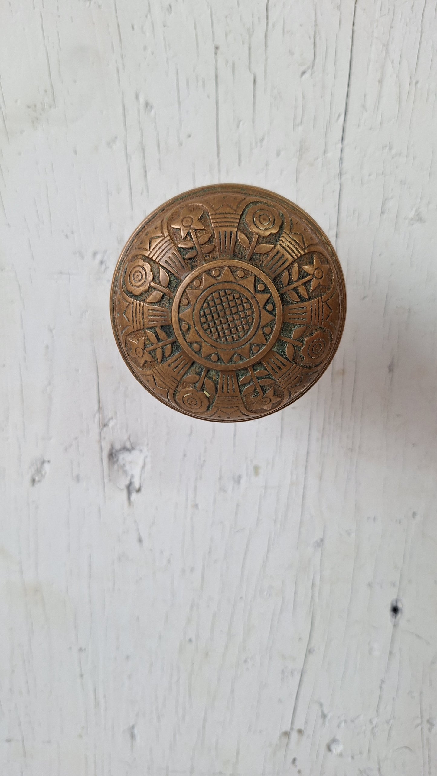 Pair of Bronze Sunflower Door Knobs with Rosettes, Fancy Flower Design Bronze Door Knobs & Backplates, Victorian Era Knobs Collars 040205