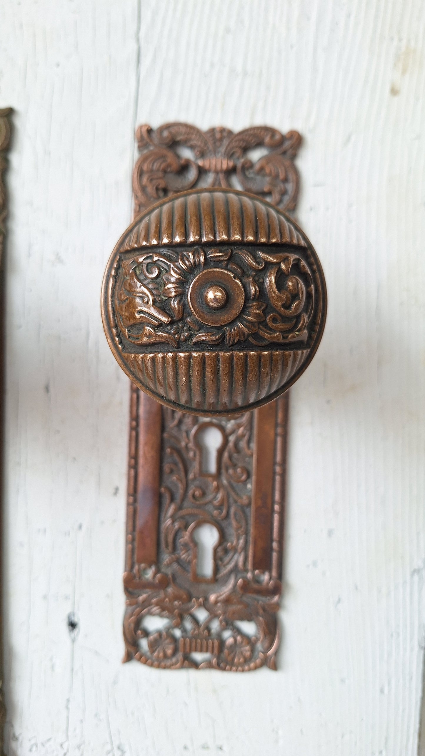 Antique Columbian Hardware Set, Reading Hardware Bronze Door Knob with Mythical Beast, Large Columbian Entry Door Set 040303