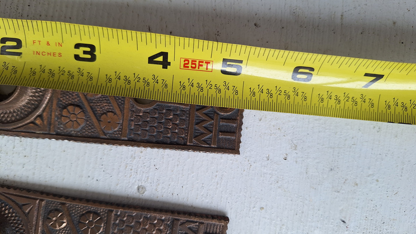 Set of FC Linde Antique Doorknob Back Plates and Doorknobs, F.C. Linde Bronze Door Knobs and Escutcheons, Antique Door Plate Hardware 040305