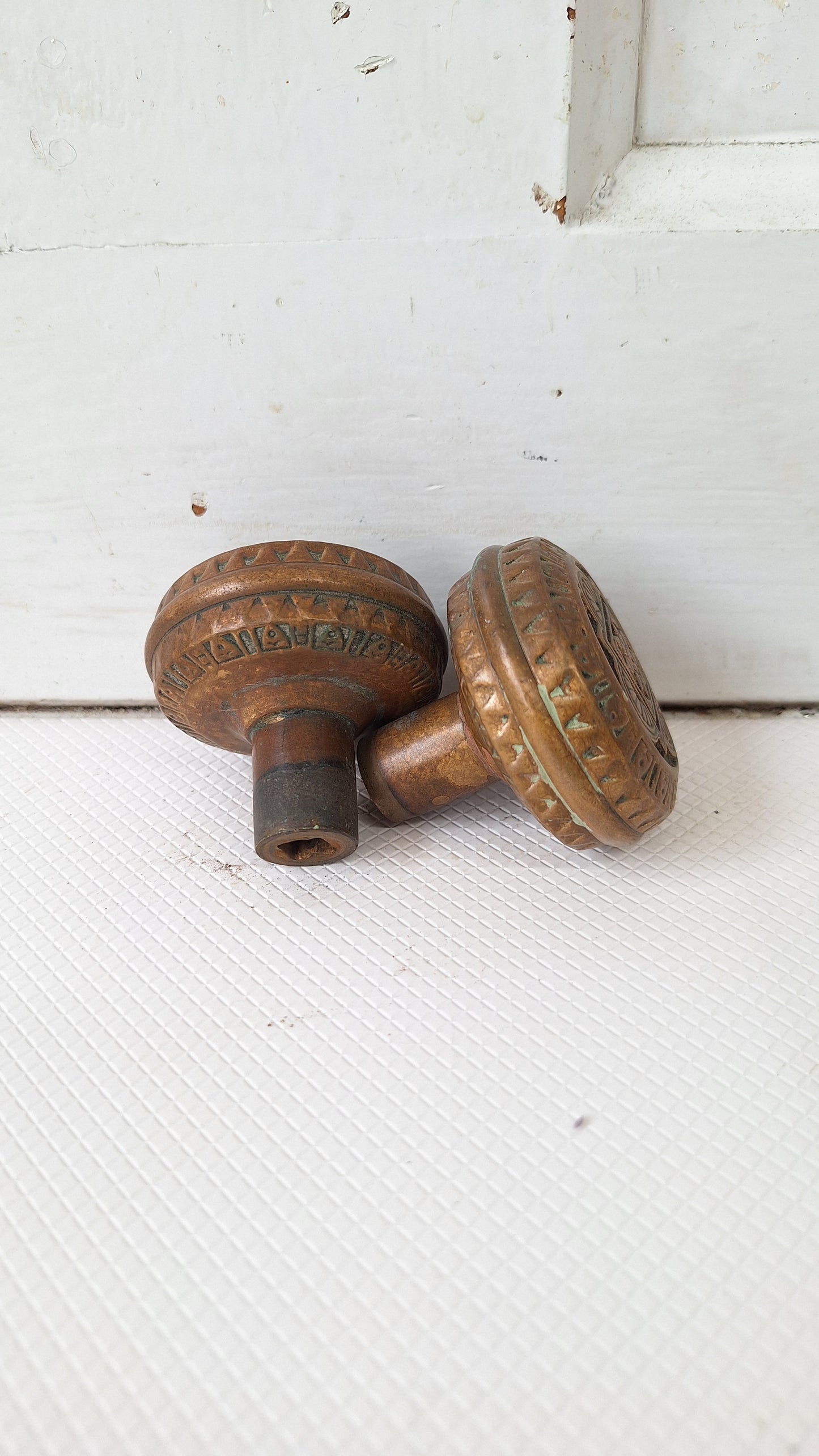 Two Bronze Eastlake Doorknobs with Geometric Pattern, Antique Hardware 040513