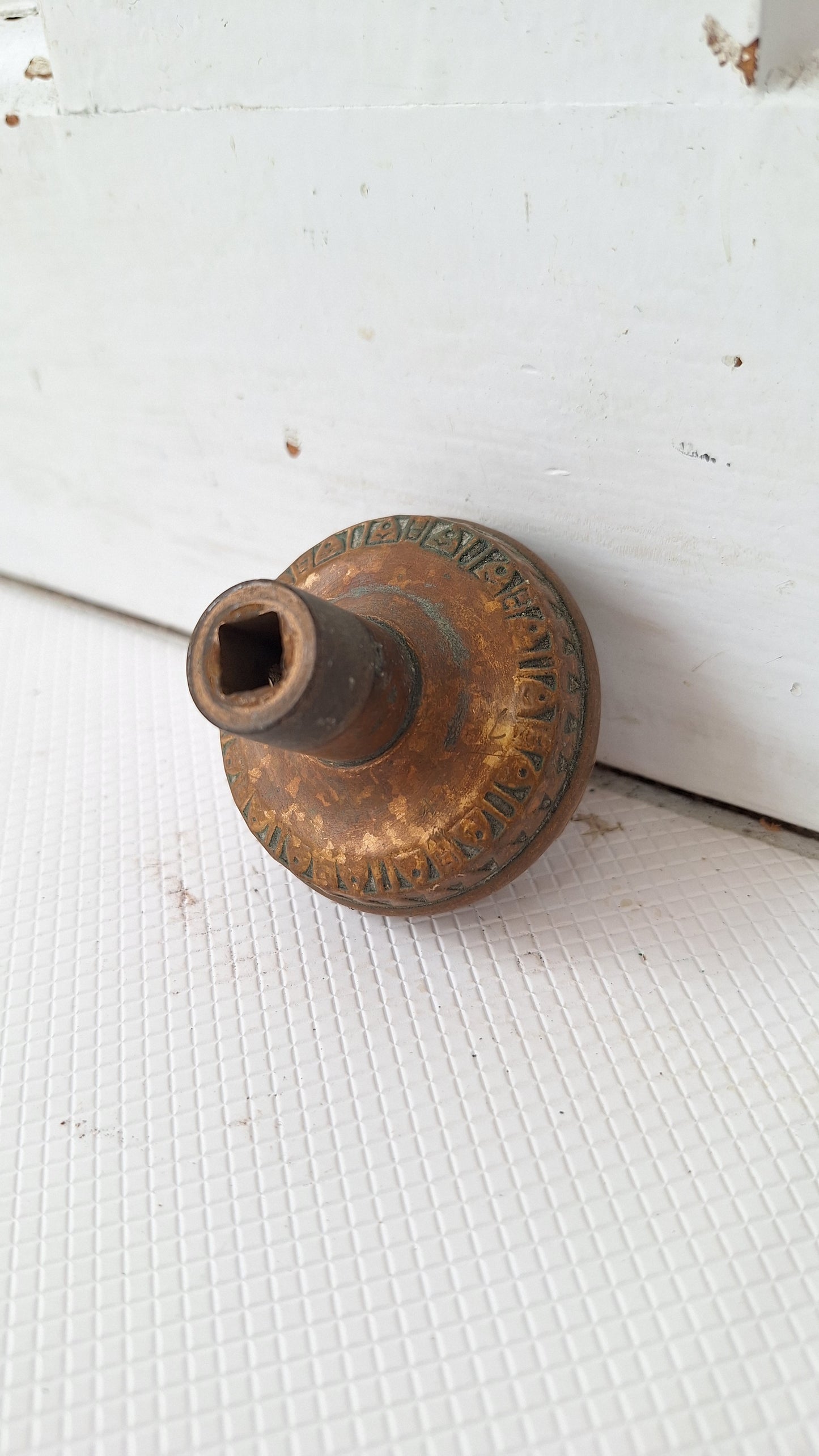 Two Bronze Eastlake Doorknobs with Geometric Pattern, Antique Hardware 040513