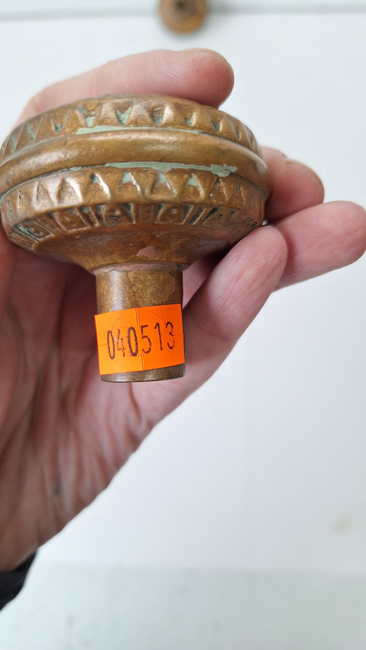 Two Bronze Eastlake Doorknobs with Geometric Pattern, Antique Hardware 040513