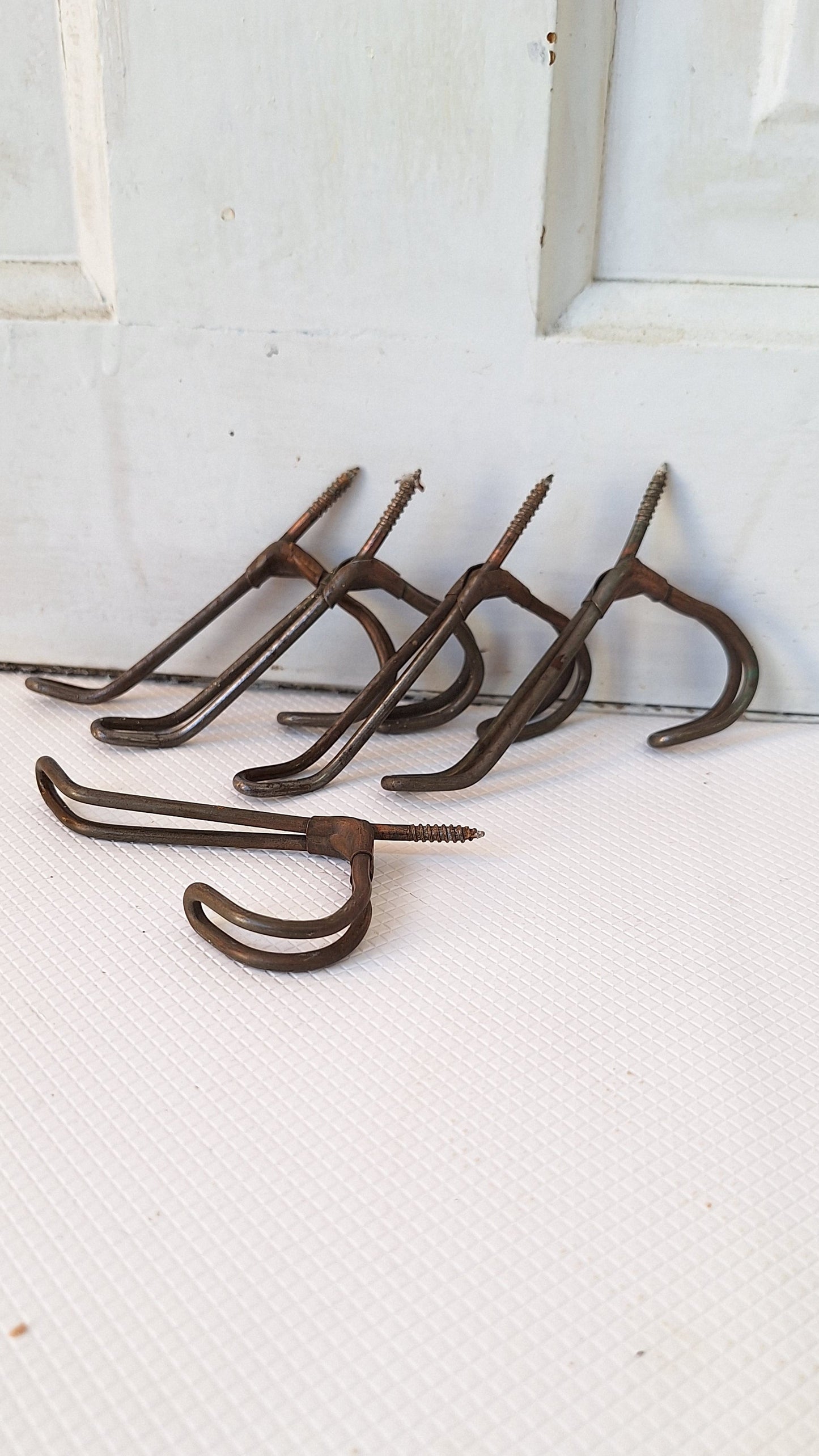 5 Vintage Threaded Back Hooks, Antique Twisted Wire Hooks with Screw Backs 040701