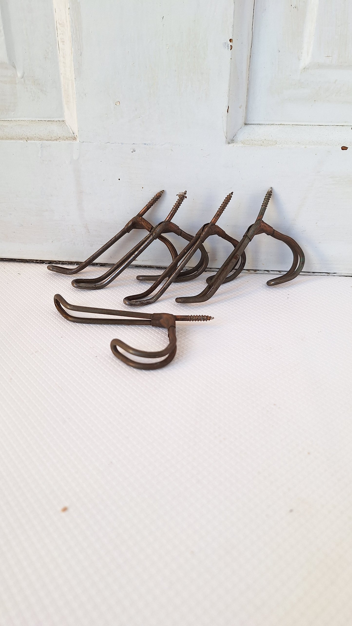 5 Vintage Threaded Back Hooks, Antique Twisted Wire Hooks with Screw Backs 040701