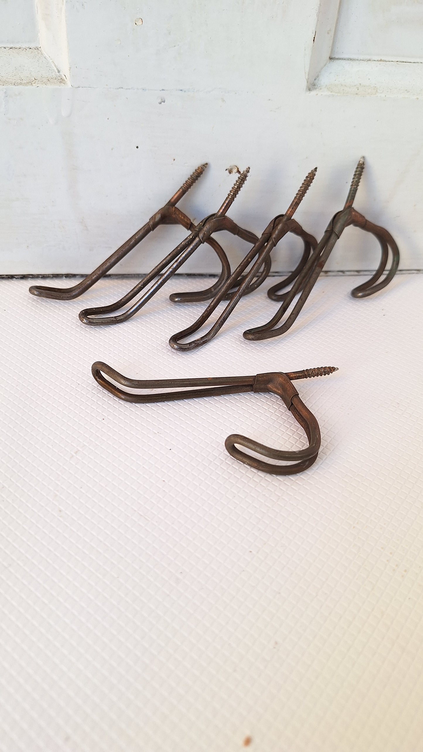 5 Vintage Threaded Back Hooks, Antique Twisted Wire Hooks with Screw Backs 040701
