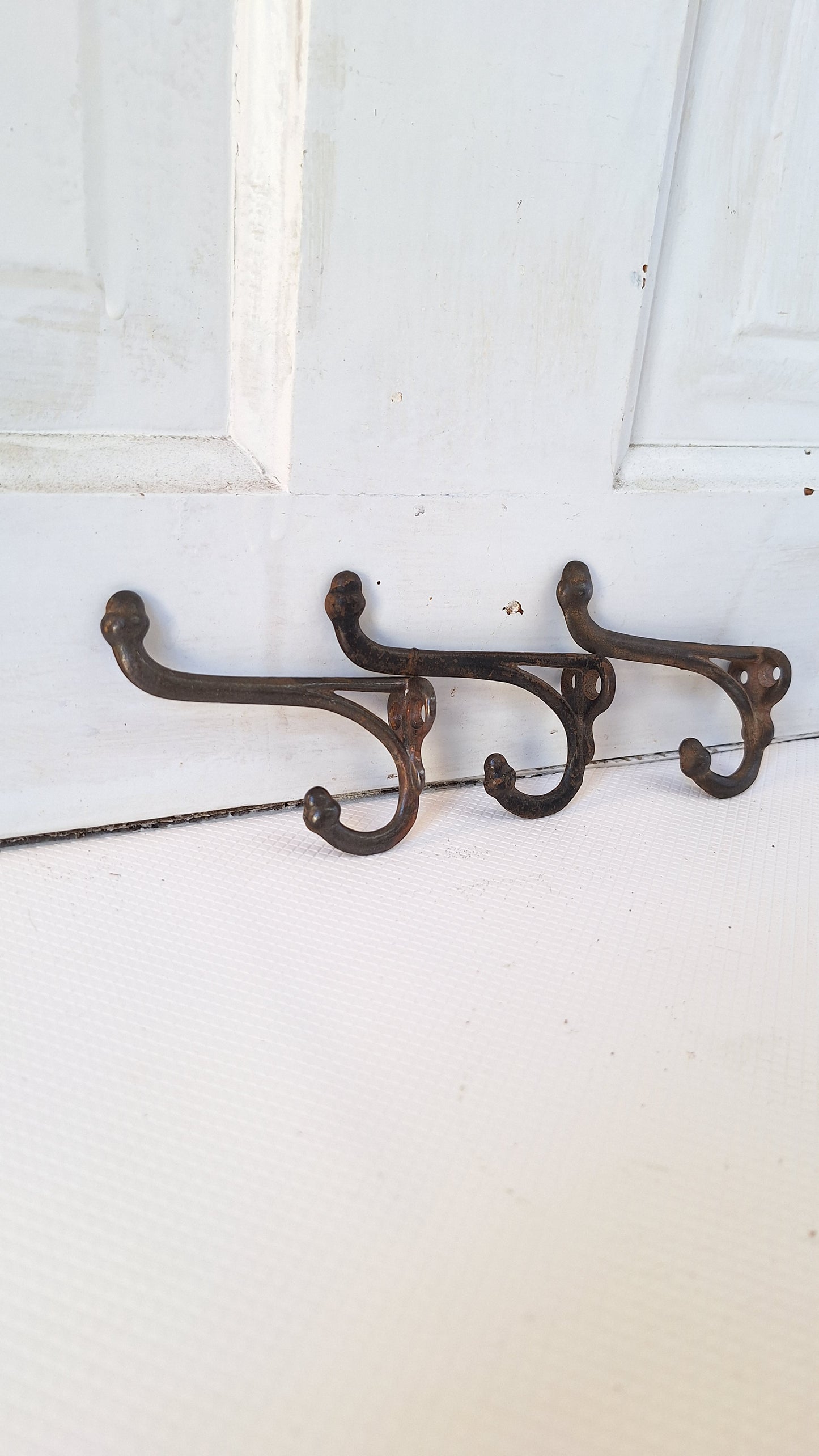 3 Antique Iron Acorn Hooks, Antique Cast Iron Coat Hooks, Vintage Two Prong Closet Hooks 040703