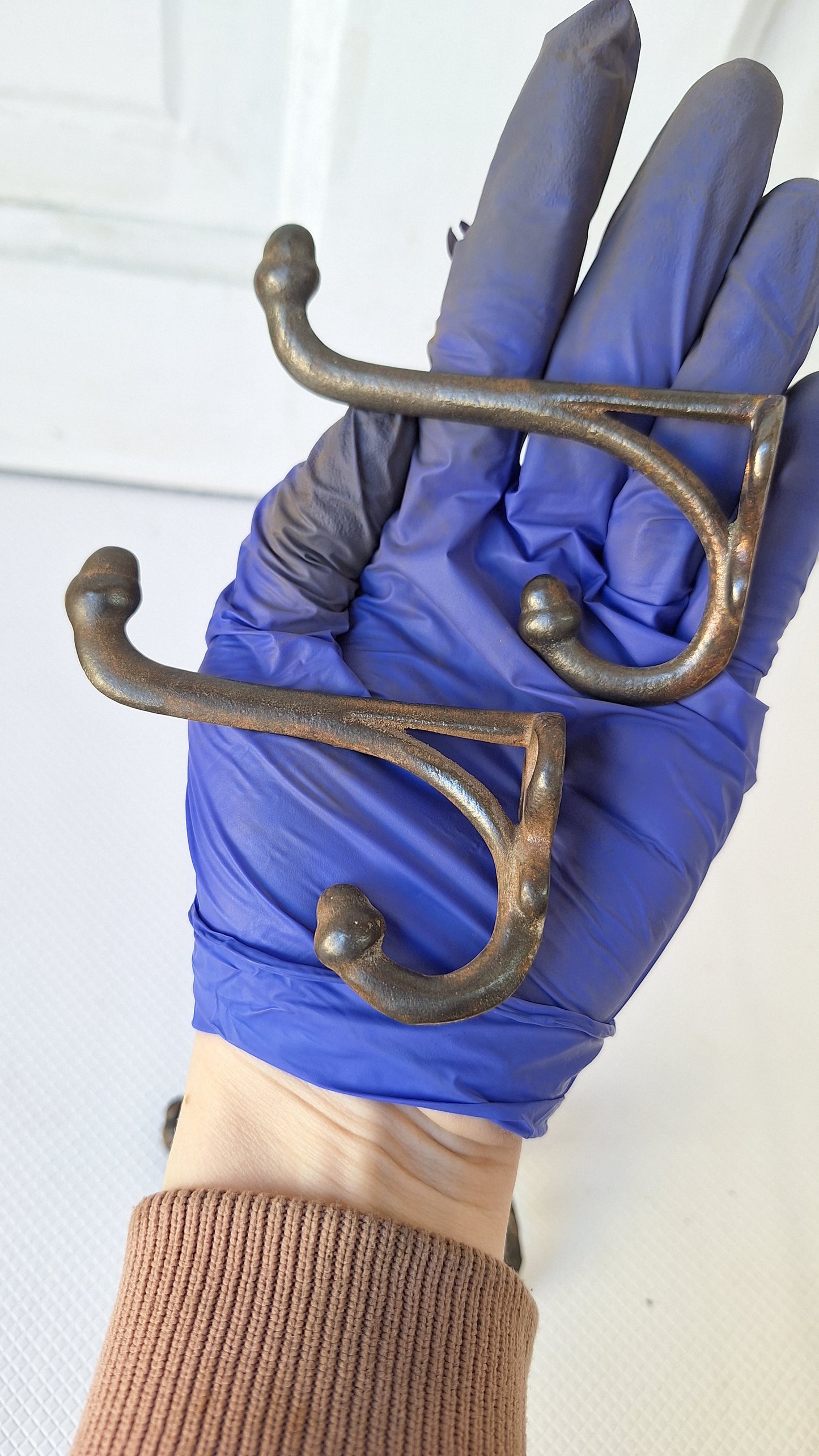 3 Antique Iron Acorn Hooks, Antique Cast Iron Coat Hooks, Vintage Two Prong Closet Hooks 040703