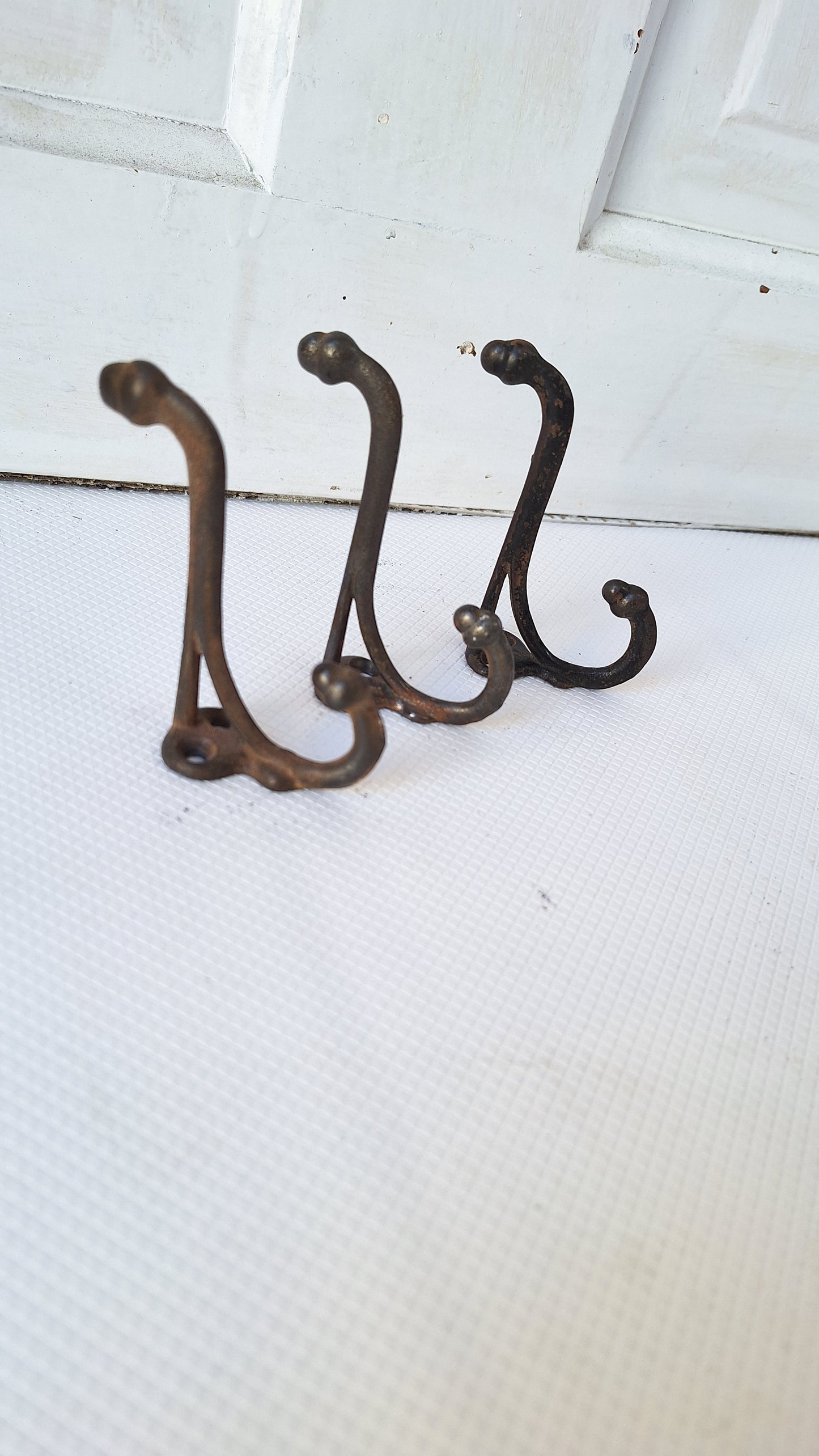 3 Antique Iron Acorn Hooks, Antique Cast Iron Coat Hooks, Vintage Two Prong Closet Hooks 040703