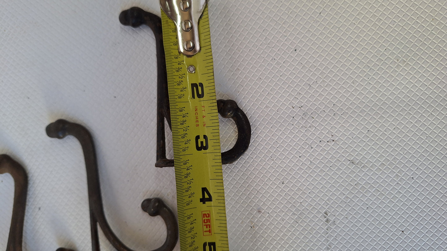3 Antique Iron Acorn Hooks, Antique Cast Iron Coat Hooks, Vintage Two Prong Closet Hooks 040703