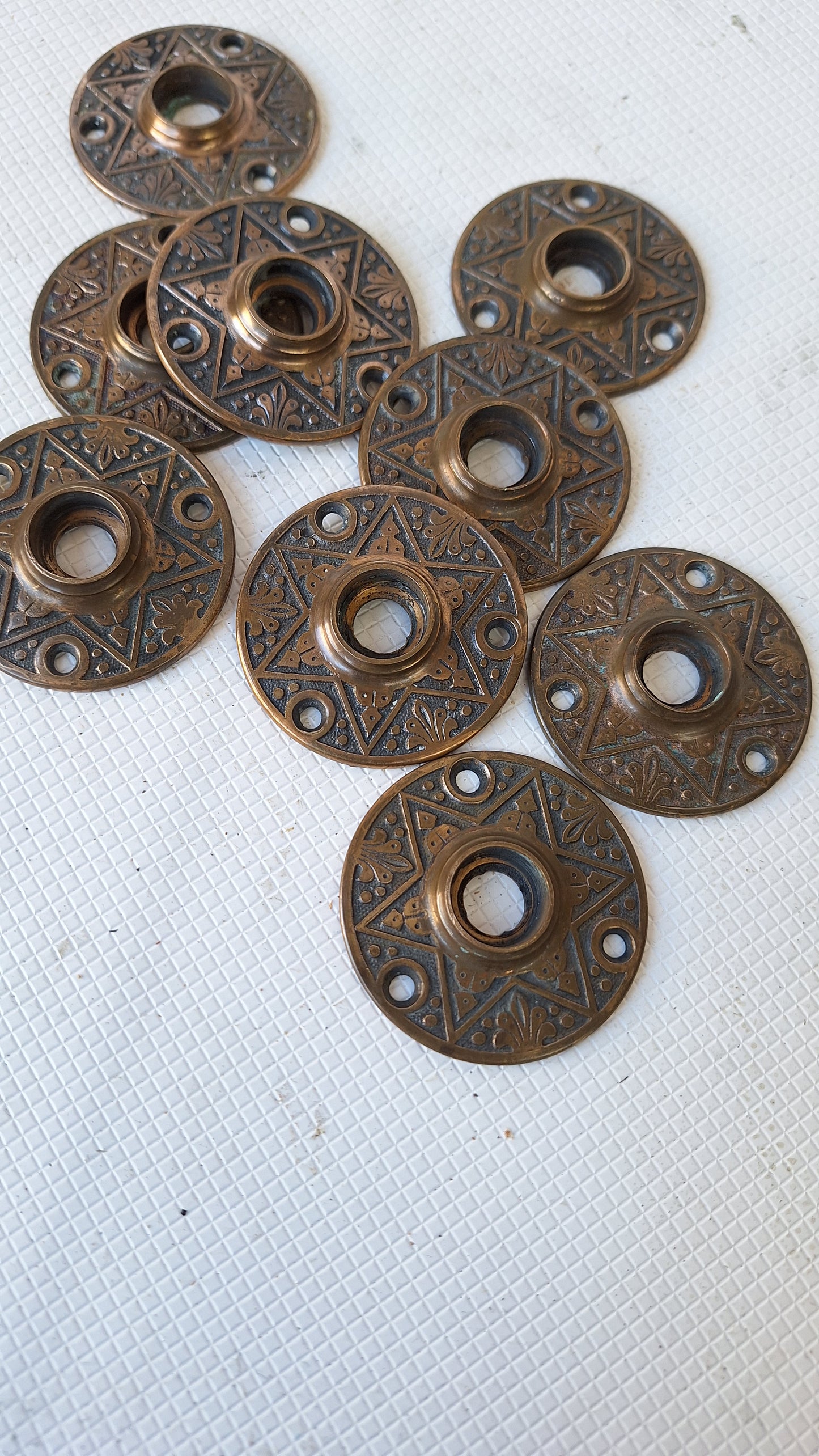 Pair of Eastlake Star Rosettes, Brass Door Plates, Brass Escutcheons, Round Door Plates, Flower Escutcheons, Floral Brass Plates 011806