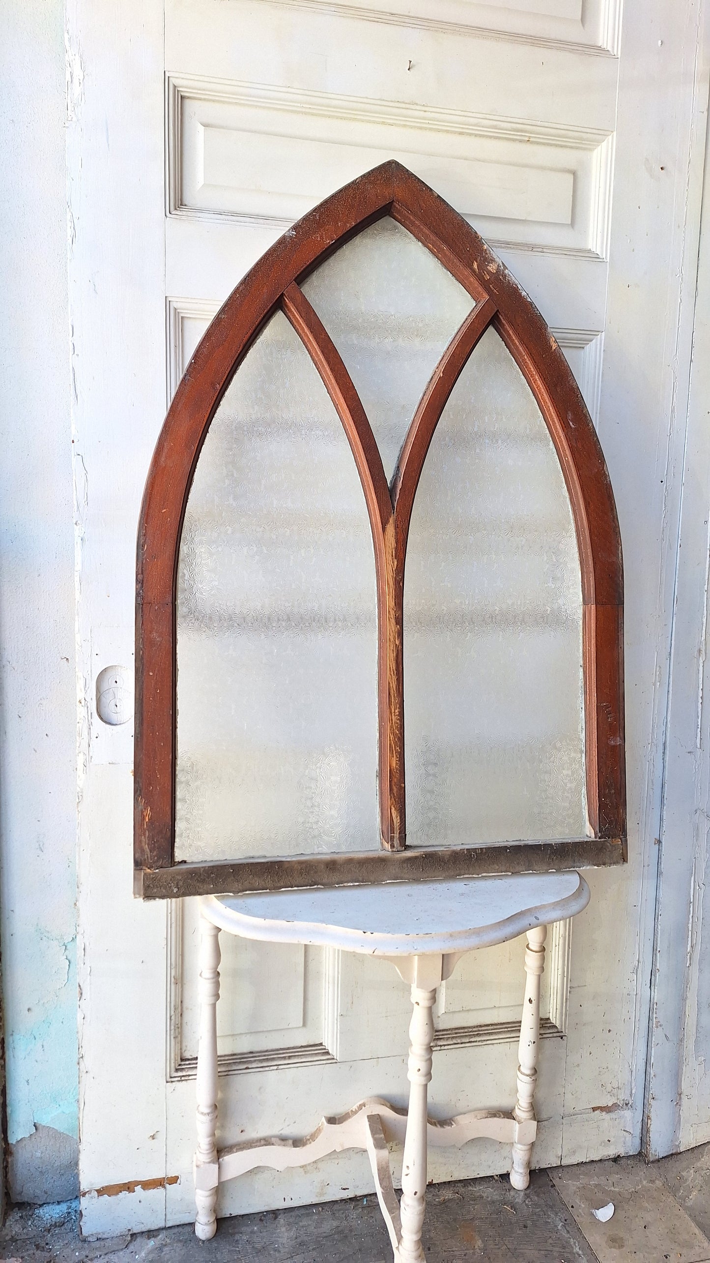 Gothic Arch Florentine Glass Window from Church, Antique Textured Glass Window, Antique Glass Window Architecture Salvage