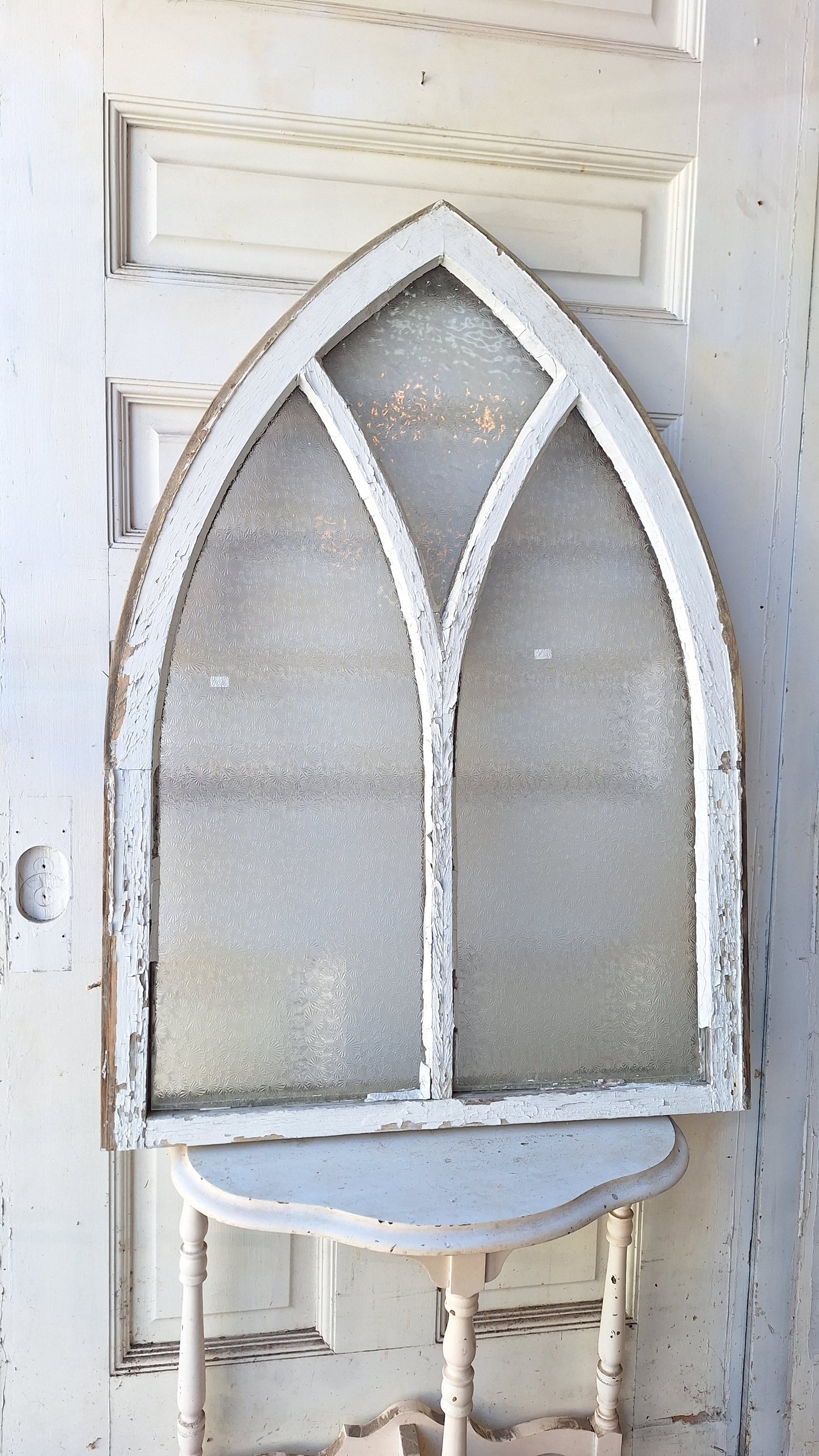Gothic Arch Florentine Glass Window from Church, Antique Textured Glass Window, Antique Glass Window Architecture Salvage