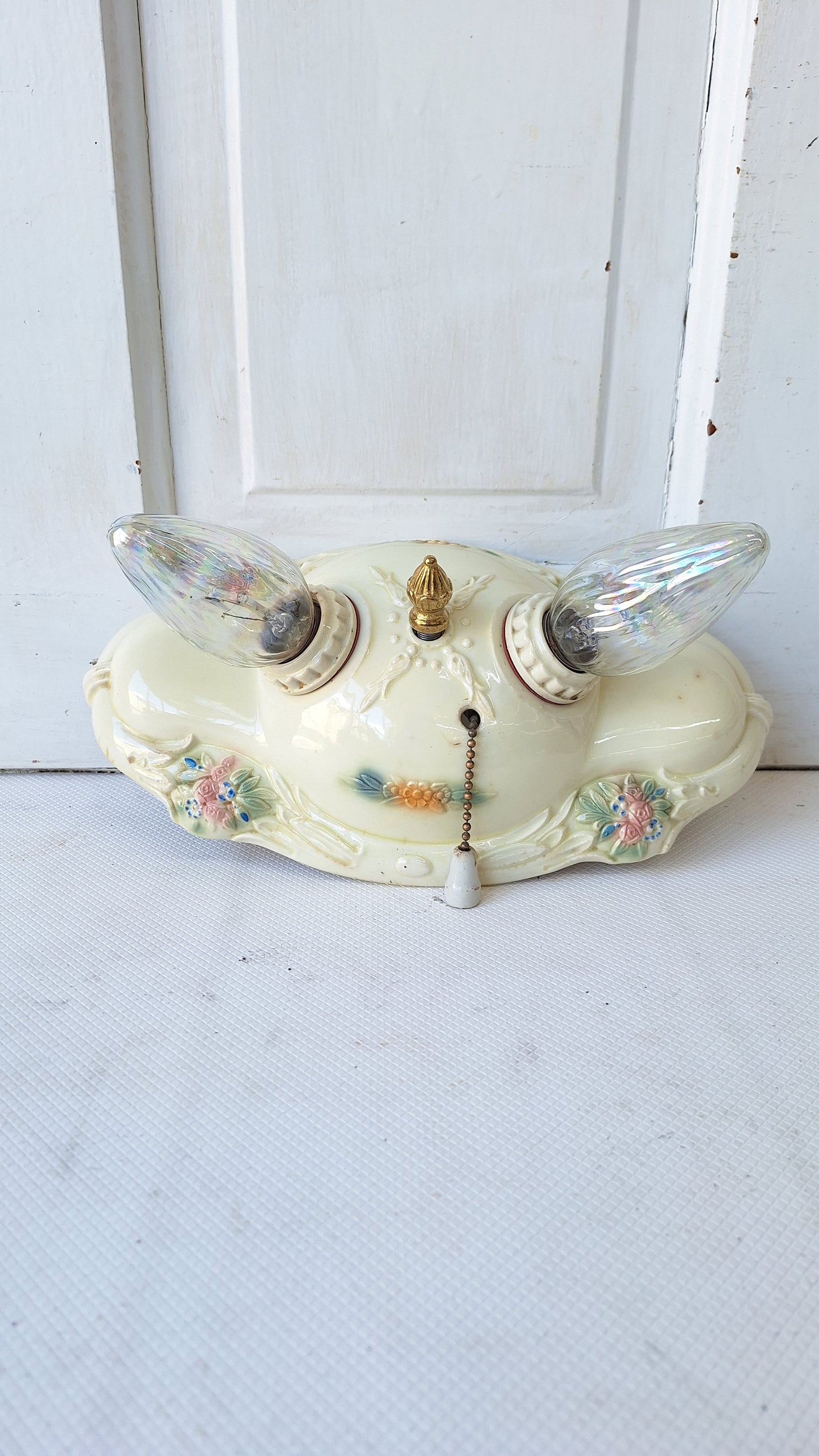 Two Bulb Flower Design Porcelier Light, Art Deco Light Fixture, White and Pink Light, Little Girl's Porcelain Light 040808