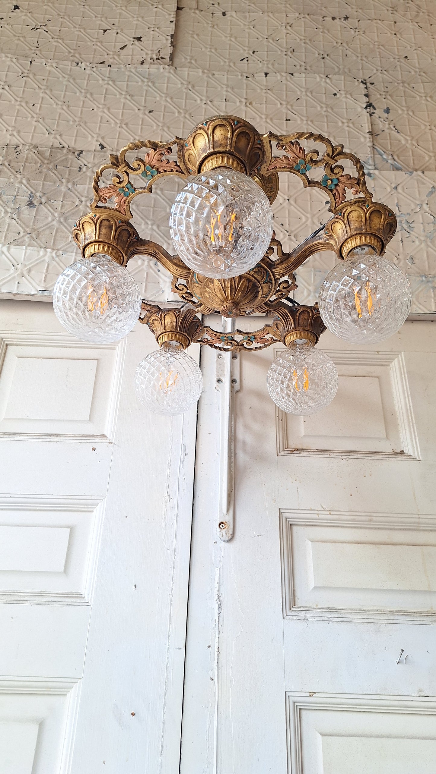 Art Deco Blue and Gold Chandelier, Five Bulb Light, Antique Riddle Light, Polychrome Light, Cast Metal Light, Antique Chandelier