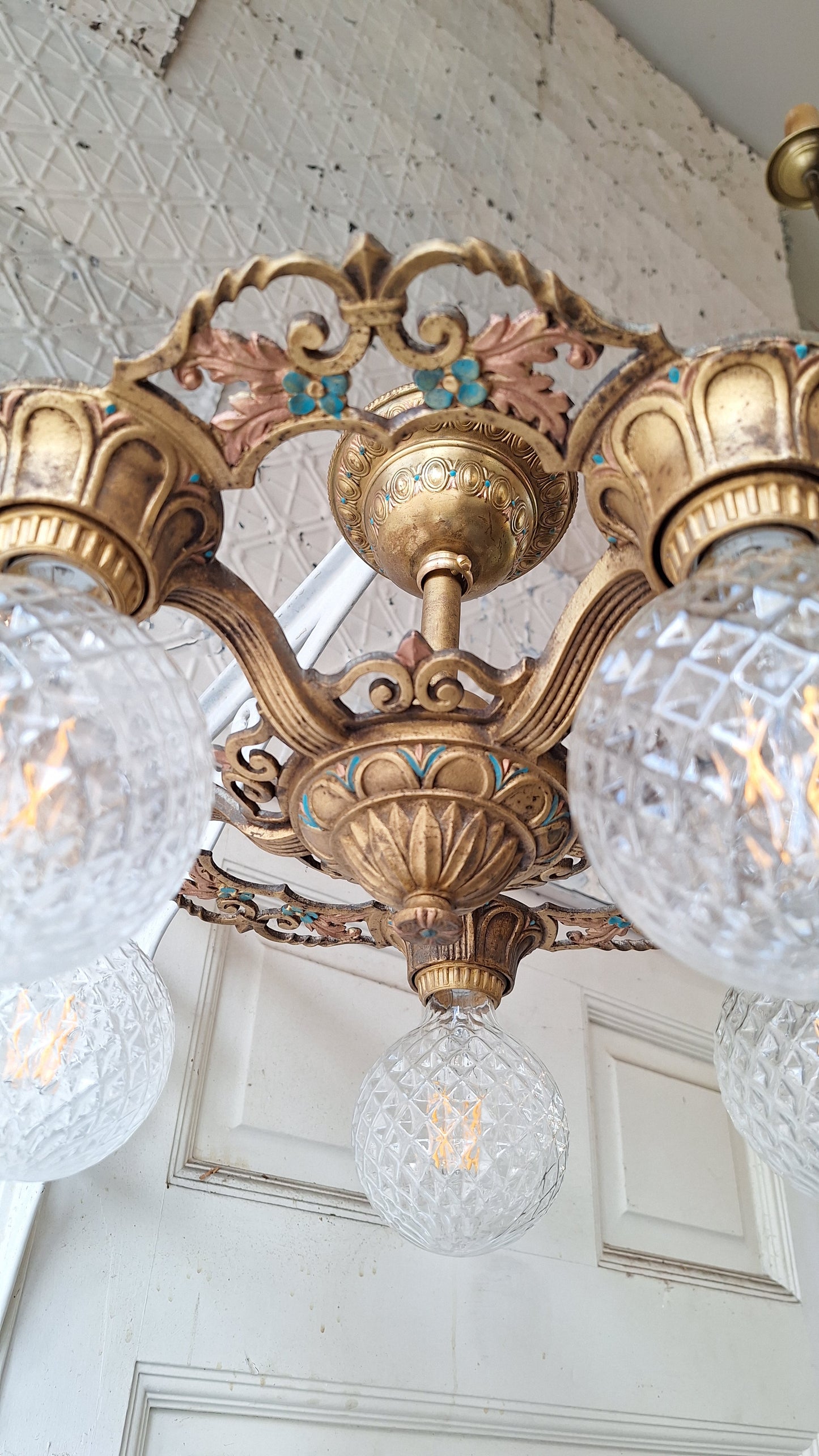 Art Deco Blue and Gold Chandelier, Five Bulb Light, Antique Riddle Light, Polychrome Light, Cast Metal Light, Antique Chandelier
