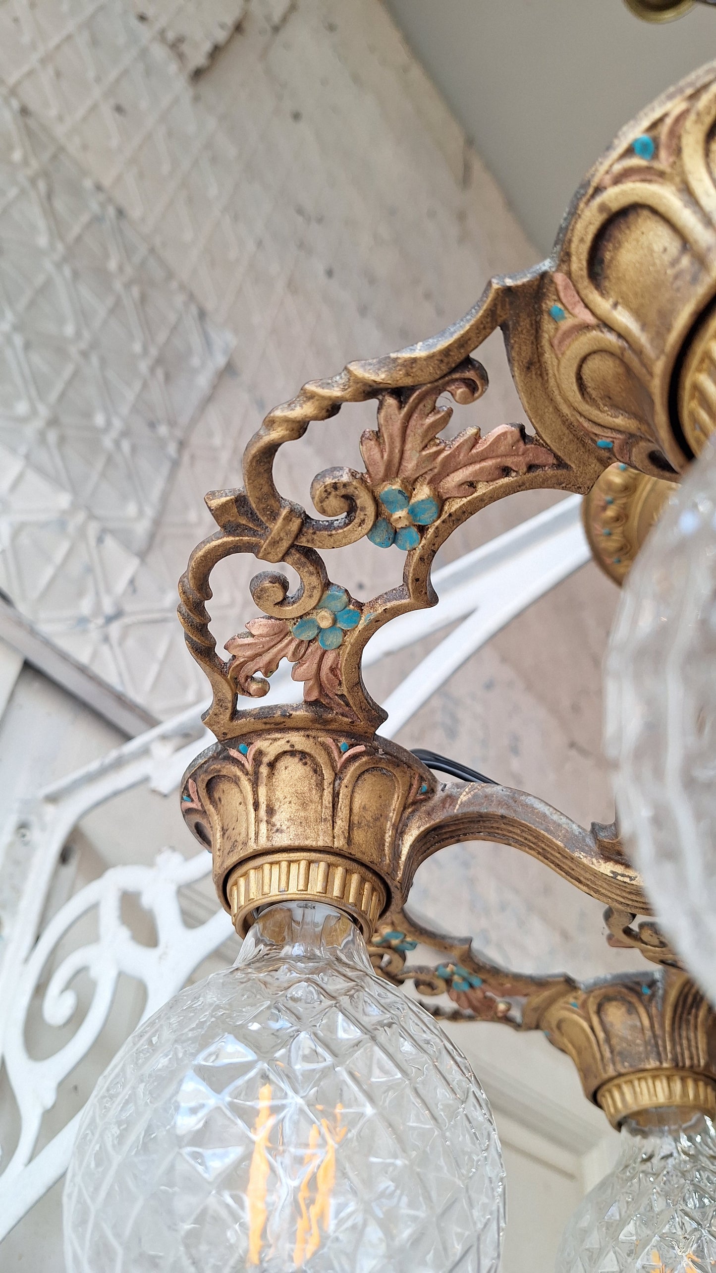 Art Deco Blue and Gold Chandelier, Five Bulb Light, Antique Riddle Light, Polychrome Light, Cast Metal Light, Antique Chandelier